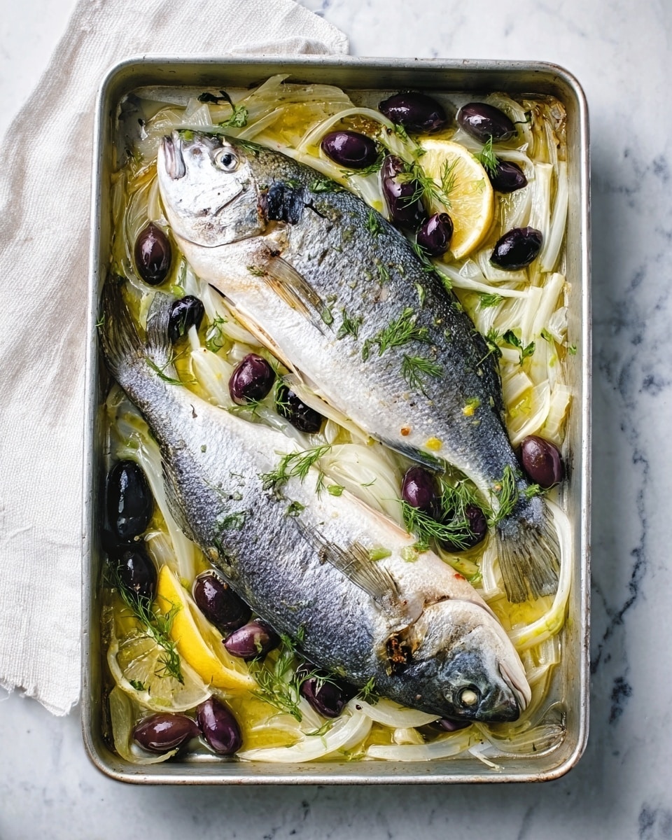Two whole cooked fish with a shiny silver-grey skin lay side by side inside a rectangular metal baking tray on a white marbled surface with a white cloth underneath. The fish rest on a bed of thinly sliced pale yellow onions and fennel, mixed with dark black and purple olives and scattered fresh green herbs. Thin lemon slices add a pop of bright yellow among the other ingredients. The tray is filled but not overcrowded, and the skin of the fish looks crisp and lightly browned in spots. photo taken with an iphone --ar 4:5 --v 7
