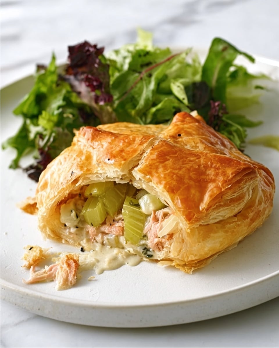 The image shows a white plate with a golden brown baked pastry placed on it. The pastry is slightly crumpled on top with a folded texture, revealing a filling inside consisting of pale green celery, light pink shredded meat, and creamy white sauce. To the side of the pastry, there is a fresh green salad made of different leafy greens. The plate sits on a white marbled surface. Photo taken with an iphone --ar 4:5 --v 7