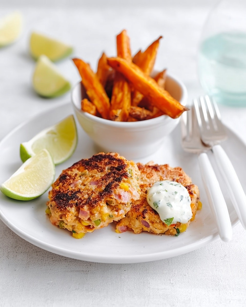 A white plate on a white marbled surface holds two round, golden-brown patties with visible bits of green and pink, showing a crispy texture on top. Next to the patties is a dollop of thick white sauce and a small wedge of lime. Behind the patties is a small white bowl filled with thick, golden-brown sweet potato fries, some fries sticking out. To the right of the plate, a white fork and knife rest side by side. The overall look is clean and bright, with soft natural light. photo taken with an iphone --ar 4:5 --v 7
