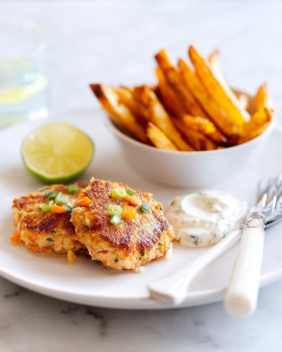 On a white plate set on a white marbled surface, two golden-brown patties with small green and orange pieces are placed on the left side. To the right of the patties, there is a small dollop of white sauce. Behind the patties, a white bowl filled with thick, golden, crispy fries stands out. A lime wedge rests on the left edge of the plate. A white fork and knife are placed on the right side of the plate. The overall lighting is soft and bright. photo taken with an iphone --ar 4:5 --v 7