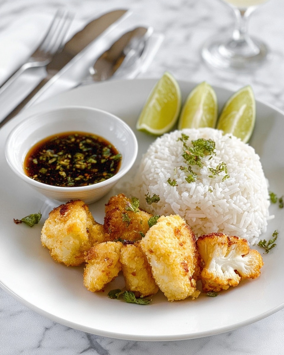 A white round plate shows three main parts: a mound of white rice on the right side, golden-brown fried cauliflower pieces with a light crispy texture in front, and three lime wedges paired with a white bowl of dark brown dipping sauce garnished with green herbs on the left side; a few small green leaves are also scattered on the cauliflower. The plate sits on a white marbled surface with silver cutlery and a glass blurred in the background. photo taken with an iphone --ar 4:5 --v 7