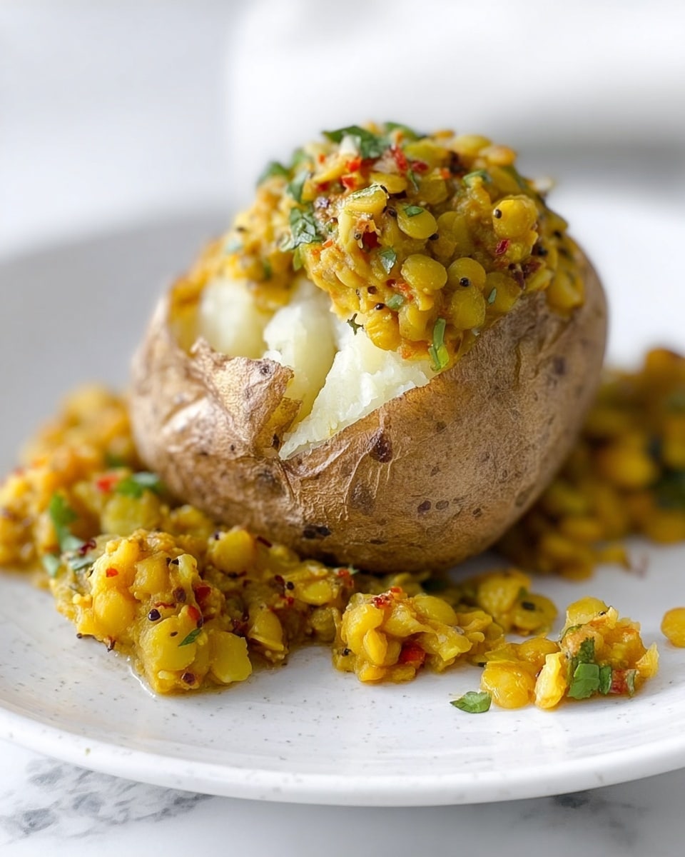 A white plate holds a baked potato with its skin slightly cracked open, revealing soft, fluffy white inside. The potato is topped and partly surrounded by a thick, yellow lentil mix that has visible small red bits, green herb flecks, and black mustard seeds. The background shows a smooth white marbled surface, adding brightness to the scene. Photo taken with an iphone --ar 4:5 --v 7