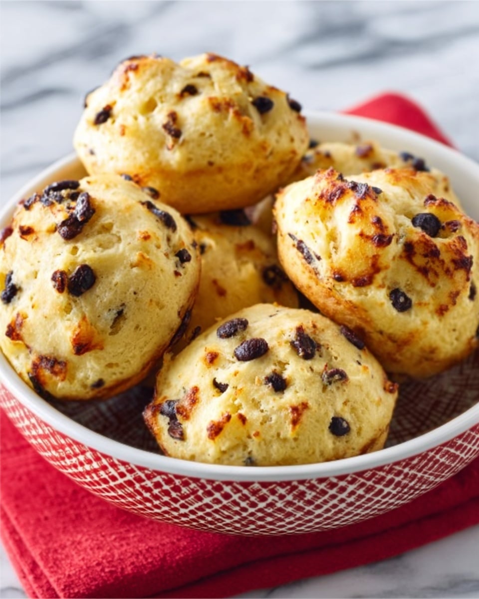 The image shows a white bowl with a red checkered pattern on the outside, filled with six round, golden-brown baked puffs. Each puff is textured with small black beans or bits mixed in, creating a speckled look on top. The puffs have a slightly rough surface with browned spots from baking, and they are slightly raised in the middle, giving a light, fluffy appearance. The bowl sits on a white marbled surface with a red napkin partially visible under it. Photo taken with an iphone --ar 4:5 --v 7