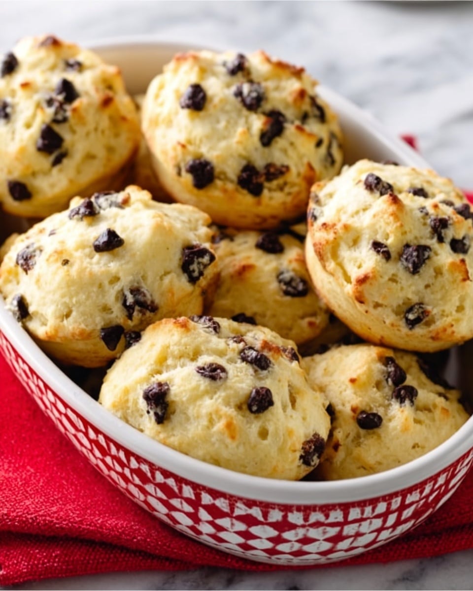 The image shows a white oval dish with a red checkered pattern around the edge, filled with six round, golden baked biscuits. Each biscuit has a rough, uneven surface and is studded with small, dark chocolate chips scattered throughout. The biscuits are slightly browned on top with a soft, fluffy texture visible, and they are packed closely together in the dish. The background is a white marbled surface with a red cloth napkin partly visible beneath the dish. photo taken with an iphone --ar 4:5 --v 7