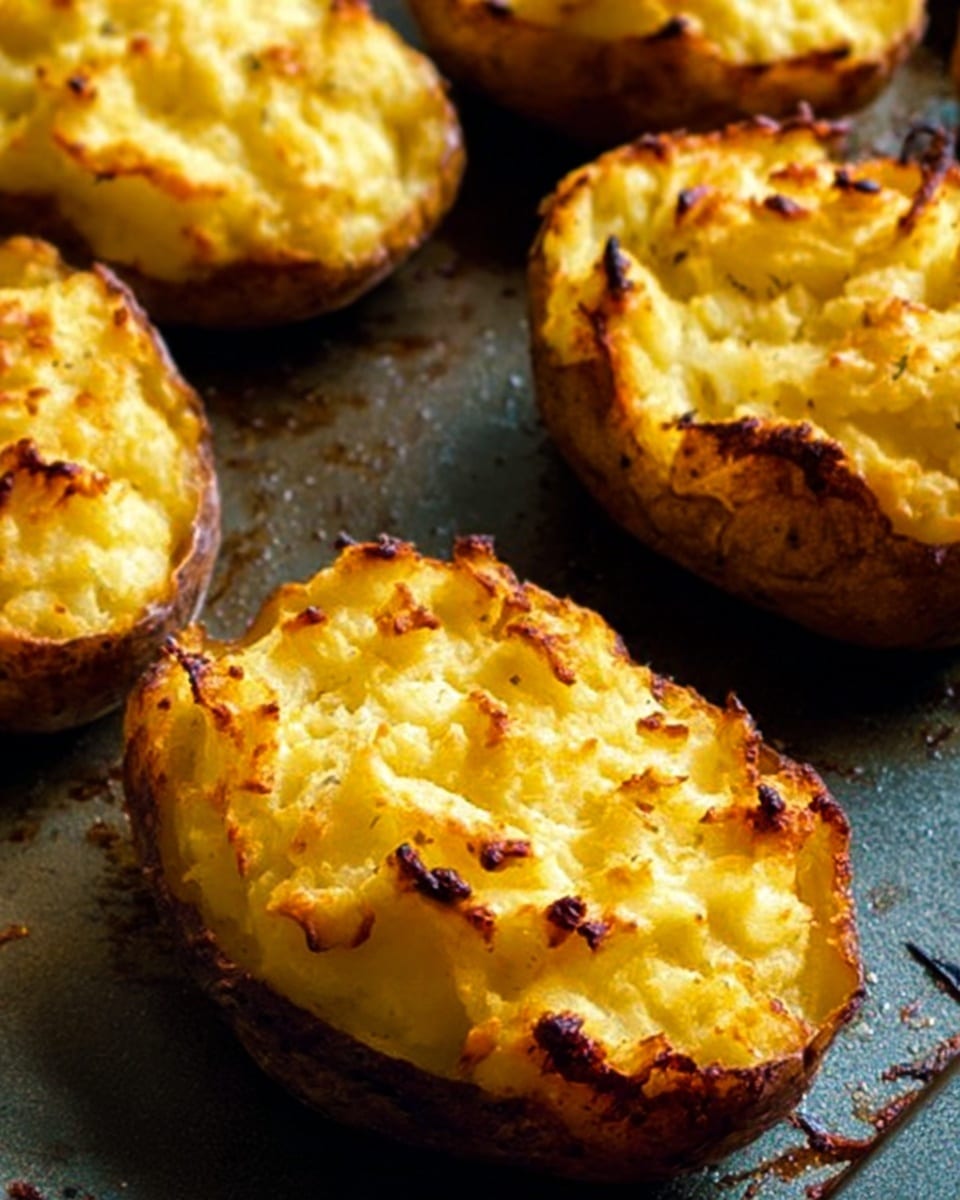 The image shows several twice-baked potato halves on a baking tray. Each potato half has a thick outer shell of golden brown skin that holds a fluffy, creamy mashed potato filling which is slightly browned and crisp on top. The mashed layer is textured with visible lumps and small cracks, showing it has been baked until the top is golden and slightly crunchy. The tray beneath them is dark and has some browned spots and baked-on bits around the potatoes. The white marbled background is out of focus behind the tray. photo taken with an iphone --ar 4:5 --v 7