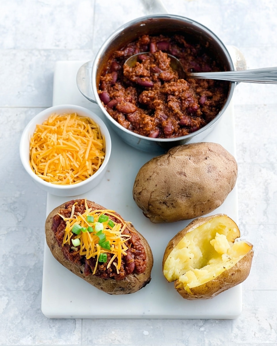The image shows a white cutting board on a white marbled surface holding two baked potatoes, a bowl of shredded cheddar cheese, and a saucepan with chili inside. One baked potato on the right is cut open but plain, showing its soft yellow inside with steam rising slightly. The other baked potato in the middle is topped with a generous layer of chunky brown chili mixed with beans, followed by a sprinkle of bright orange shredded cheddar cheese and a few small pieces of green chopped scallions on top, creating a colorful contrast. The white bowl filled with more shredded cheddar cheese sits on the left side of the board. The silver saucepan is positioned at the back, its lid removed, revealing thick chili with a chunky texture and rich reddish-brown color. A woman's hand, holding a silver spoon inside the pot, is scooping some chili. The whole setup is bright and clean, highlighted by the white marbled texture background. photo taken with an iphone --ar 4:5 --v 7