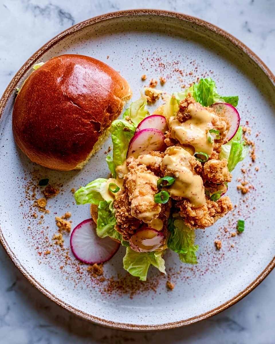 A white plate with a speckled rim holds an open sandwich arranged in layers: a base of fresh green lettuce and thinly sliced radishes, topped with golden crispy fried chicken strips covered in a creamy light brown sauce. The plate has a light dusting of seasoning around the edges, and a shiny brown sandwich bun is placed next to the layered ingredients. The plate sits on a white marbled surface. photo taken with an iphone --ar 4:5 --v 7