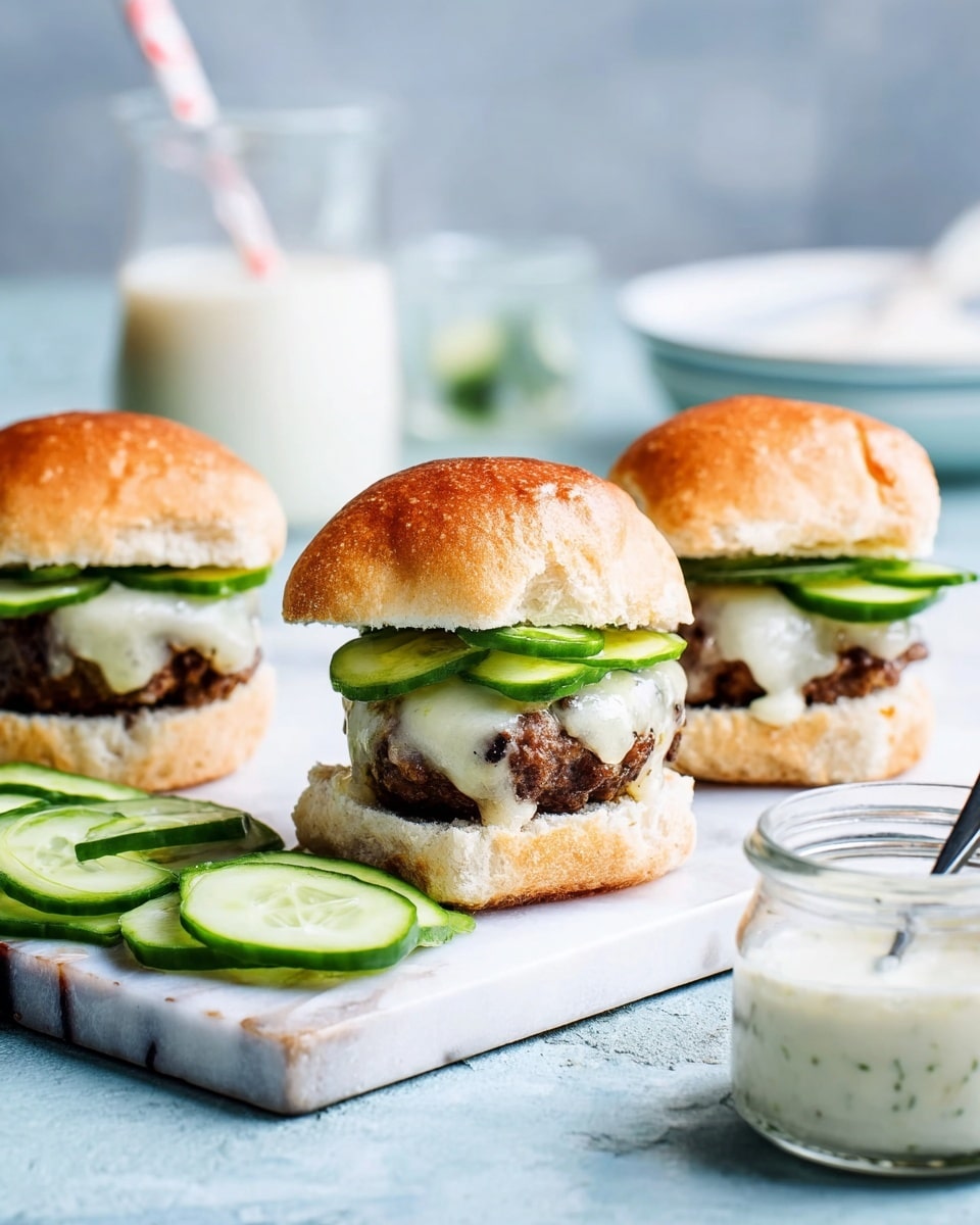 The image shows three small burgers on a white cutting board placed on a white marbled surface. Each burger has three layers: a light brown soft bun on the top and bottom, a dark brown cooked patty in the middle, and green cucumber slices on top of the patty. The patties are covered with melted light cheese, mostly white with a slightly creamy texture. In front of the cutting board, there are several sliced cucumbers arranged in a row. To the right, there is a clear jar filled with white sauce and a spoon inside. The background is softly blurred with a light blue-gray tone. photo taken with an iphone --ar 4:5 --v 7
