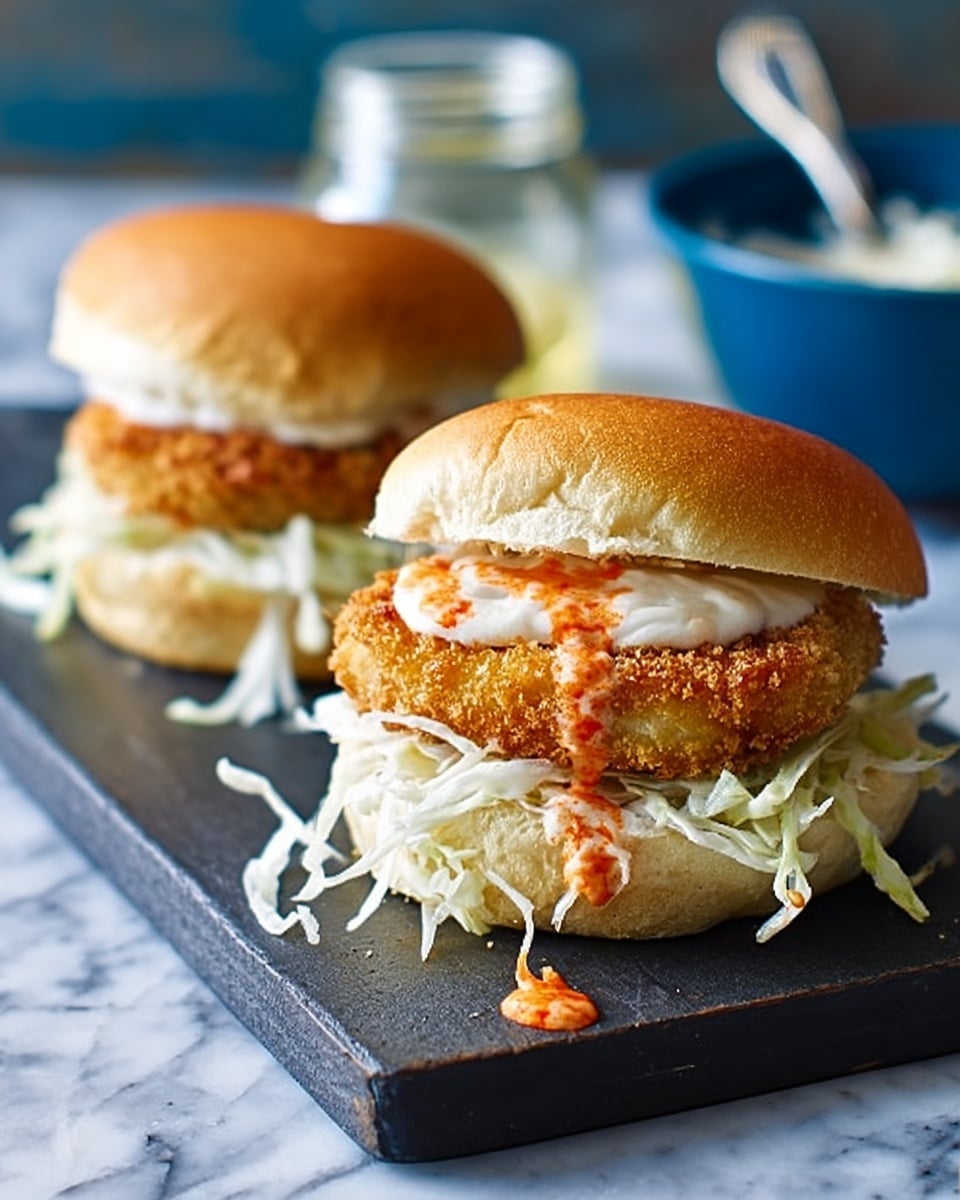 The image shows two small sandwiches on a dark wooden board placed on a white marbled surface. Each sandwich has three layers: the bottom is a soft white bun, topped with a thick layer of shredded white cabbage, then a round crispy golden-brown fried patty, and the top is a golden-brown bun with a smooth, shiny surface. One sandwich has two dollops of sauces on the patty, one white and one orange. In the background, there is a small clear glass bowl with orange sauce and a spoon inside. Photo taken with an iphone --ar 4:5 --v 7