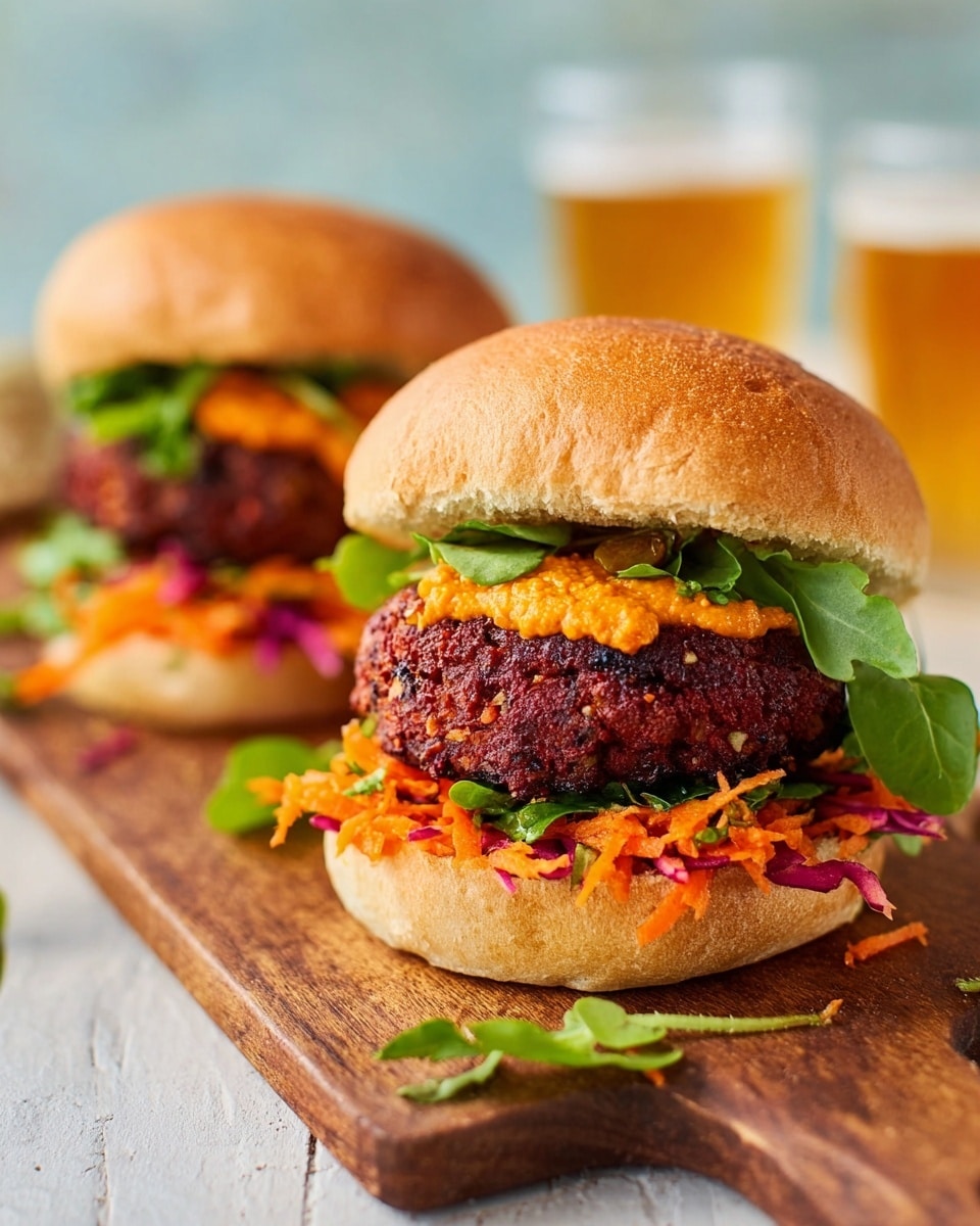 The image shows two burgers placed on a long wooden board with a white marbled texture surface in the background. Each burger has a soft, golden-brown bun on top and bottom. The bottom bun is layered with shredded orange carrots. On top of the carrots, there is a thick, dark reddish-brown patty with a slightly rough texture. A dollop of bright orange sauce sits on the patty, and fresh green leafy herbs rest above the sauce. The top bun is placed slightly tilted on the front burger, showing the layers clearly. In the background, blurred glasses of light amber liquid can be seen. Photo taken with an iphone --ar 4:5 --v 7