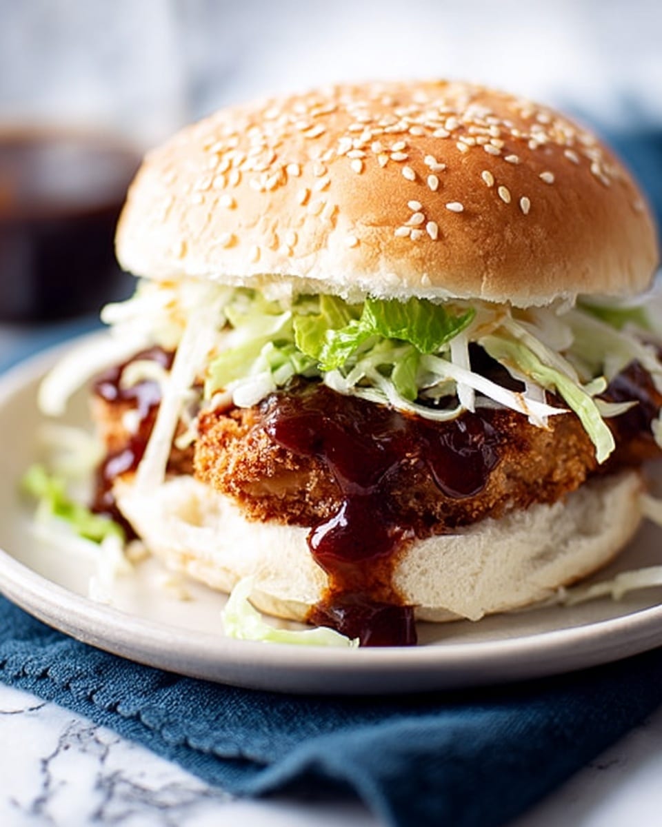 A close-up of a sandwich sitting on a white plate with a blue napkin underneath. The sandwich has a soft, sesame seed bun top with a golden-brown color. Below the top bun is a rich, dark brown sauce dripping slightly over a crispy, breaded fried patty. Under the patty are fresh, green lettuce leaves and a layer of thin, white shredded vegetables, likely cabbage, spread evenly. The bottom bun is soft and fluffy, pale white. The background is a white marbled texture, softly blurred. Photo taken with an iphone --ar 4:5 --v 7