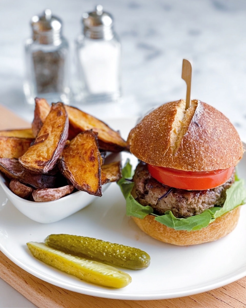 A burger on a toasted round bun with a wooden skewer on top, showing three main layers inside: bright green lettuce at the bottom, a thick red tomato slice in the middle, and a juicy brown beef patty on top. Next to the burger, there are golden brown potato wedges with some darker roasted edges, stacked neatly on a white plate. In front of the plate, two green pickles lie side by side. The whole scene is set on a white marbled surface with a salt shaker slightly blurred in the background. Photo taken with an iphone --ar 4:5 --v 7