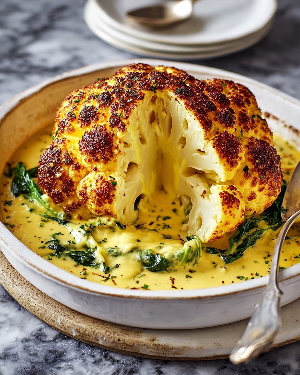 A large whole roasted cauliflower with a golden-brown crust sits in the middle of a white ceramic dish, showing a small section cut out to reveal the white, soft interior. The cauliflower rests on a creamy, thick, yellow cheese sauce that partially covers green leafy vegetables beneath it. The sauce has a smooth texture with some herbs sprinkled throughout. The dish is placed on a white marbled surface with a spoon resting nearby, partially covered with sauce. photo taken with an iphone --ar 4:5 --v 7