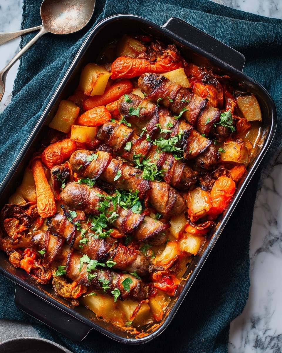 A black rectangular baking dish holds a cooked meal with several layers and colors. At the base, there is a thick orange-brown sauce coating the bottom and sides. On top, there are multiple browned sausage links wrapped in strips of crispy bacon, all showing a grilled texture. Scattered around and between the sausages are chunks of cooked carrots in bright orange and potato pieces with a soft yellow color, some with slightly crispy edges. Fresh green herbs are sprinkled over everything, adding a fresh color contrast. The dish sits on a white marbled surface with a dark cloth underneath. Photo taken with an iphone --ar 4:5 --v 7
