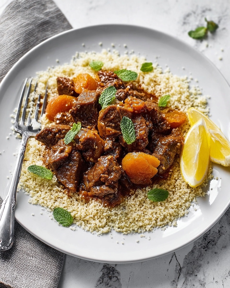 A white plate with a base layer of light beige couscous that looks soft and fluffy, topped with a rich, brown stew made of tender chunks of meat and orange apricot pieces. The stew has a slightly glossy texture with some green mint leaves placed on top and around for decoration. On the right side of the plate, there are two bright yellow lemon wedges. A silver fork rests on the left edge of the plate, with a woman's hand holding it lightly. The plate is set on a white marbled surface with a subtle grey cloth napkin nearby. Photo taken with an iphone --ar 4:5 --v 7