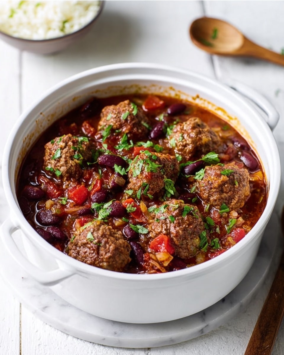 The image shows a white bowl filled with a hearty stew made of brown meatballs sitting in a thick, dark red sauce with visible chunks of diced red tomatoes, dark kidney beans, and small pieces of pale yellow onions mixed throughout. Bright green chopped herbs are sprinkled on top for garnish. The bowl rests on a white marbled surface with a small bowl of plain white rice blurred in the background and a wooden spoon nearby. The photo taken with an iphone --ar 4:5 --v 7