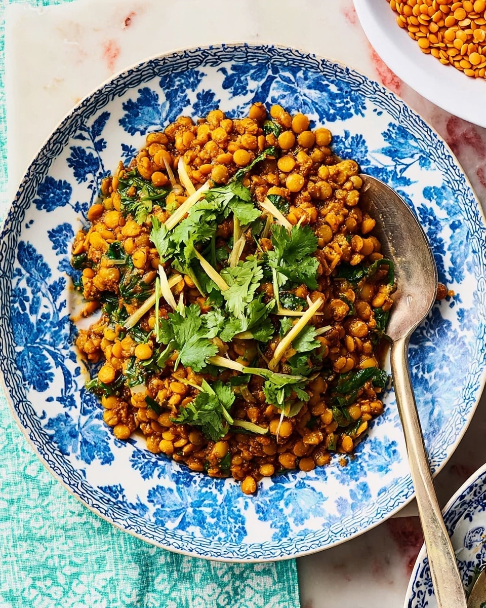 A blue and white patterned ceramic plate filled with cooked yellow lentils seasoned with spices, topped with bright green fresh cilantro leaves and thin slices of light-colored ginger. The lentils have a soft, slightly chunky texture and a warm orange tint from the spices. Two silver spoons rest in the dish, one on the left edge and the other on the right side. The plate is placed on a white marbled surface with parts of a white plate and green patterned cloth visible on the right side. photo taken with an iphone --ar 4:5 --v 7