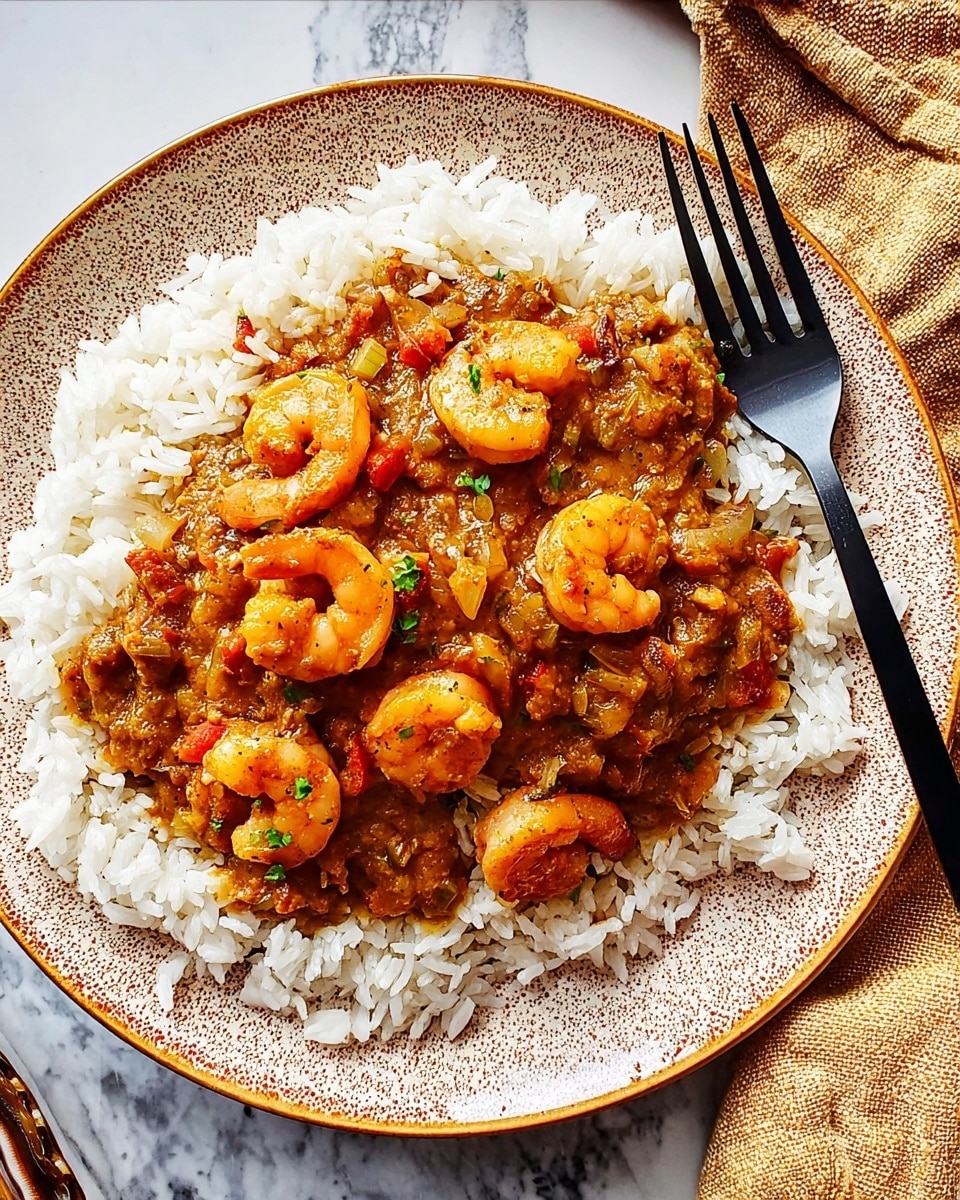 A white plate holds a layer of fluffy white rice forming the base, topped with a thick, brown shrimp stew with visible pieces of shrimp and small bits of red bell pepper and onions. The shrimp are pink-orange and plump, sitting evenly on the sauce, which looks rich and slightly chunky. A black fork rests on the right side of the plate. The plate is placed on a white marbled surface, with part of a beige cloth napkin visible on the right side. photo taken with an iphone --ar 4:5 --v 7