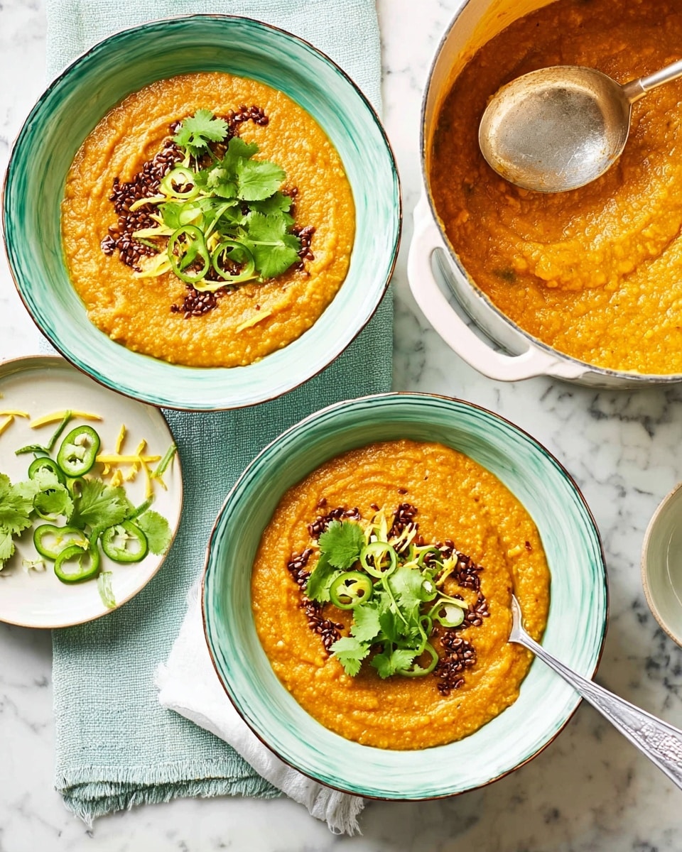 Two bowls of thick, orange lentil soup with a creamy texture sit on a white marbled surface; each bowl has a greenish-blue rim and is topped with dark brown cumin seeds, thin light yellow ginger strips, sliced green chili rings, and fresh bright green cilantro leaves arranged in the center. One bowl has a spoon resting inside it, partially covered with soup. Near the bowls, there is a small white plate with more fresh cilantro leaves, sliced green chili, and thin yellow ginger strips. To the right, a white pot holds more of the orange soup, with a large silver ladle resting in it on a light turquoise cloth. A silver spoon lies on a white cloth napkin nearby. photo taken with an iphone --ar 4:5 --v 7