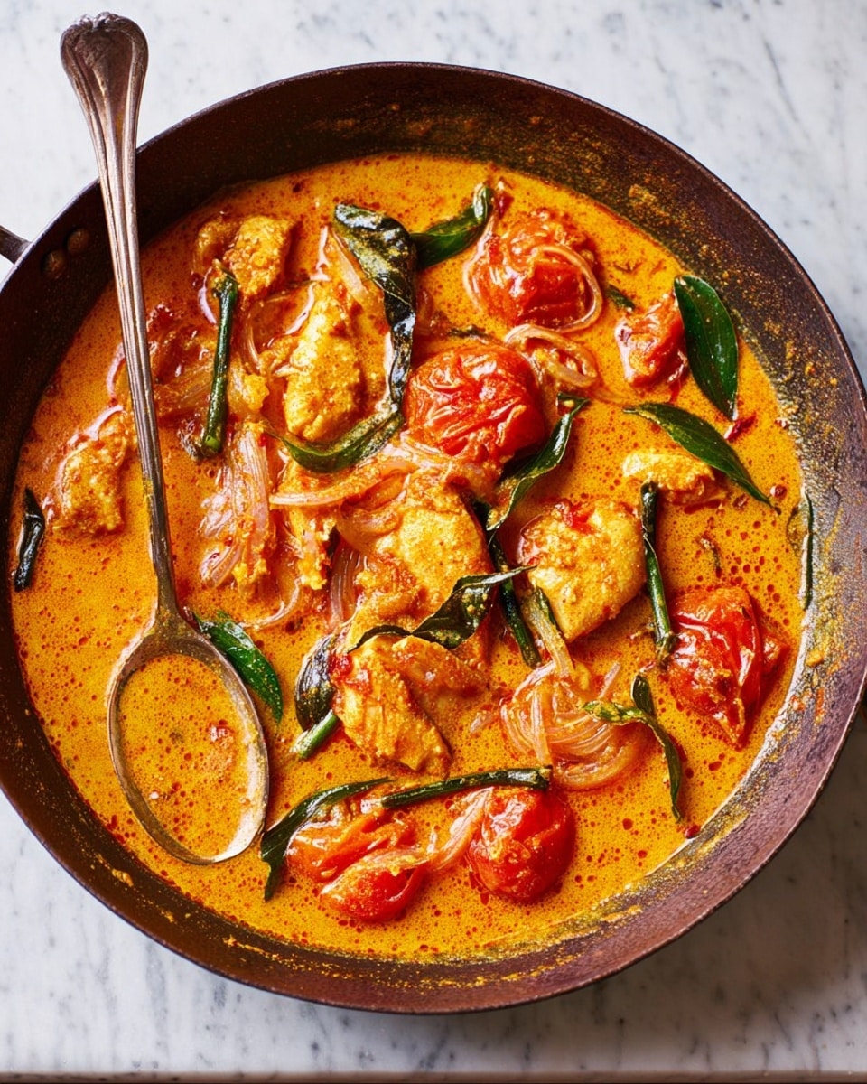 A round, dark pan shows a rich orange-yellow curry with visible layers of chunky red tomato pieces and bright green curry leaves scattered throughout. Inside the thick sauce, there are also pieces of cooked fish or chicken, light pink with a soft texture, and thin slices of onions blending into the sauce. A spoon stands inside the dish on the left side, partially covered in sauce. The pan rests on a white marbled surface. photo taken with an iphone --ar 4:5 --v 7