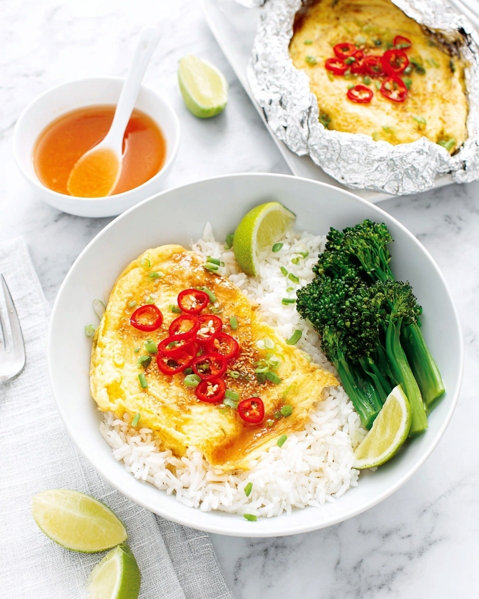 The dish is served in a white bowl on a white marbled surface, featuring three main layers. The bottom layer is a bed of fluffy white rice, smooth and slightly shiny. On top of the rice is a golden-yellow omelet, slightly crispy on the edges with a soft texture inside. The top layer consists of thin slices of bright red chili scattered across the omelet. On the side, there are vibrant green broccolini stalks and two small lime wedges adding fresh color. Behind the bowl, a piece of folded silver foil holds another omelet with red chili on top. Nearby, a white small bowl contains orange sauce with a white spoon resting inside it. The scene is bright and clean photo taken with an iphone --ar 4:5 --v 7
