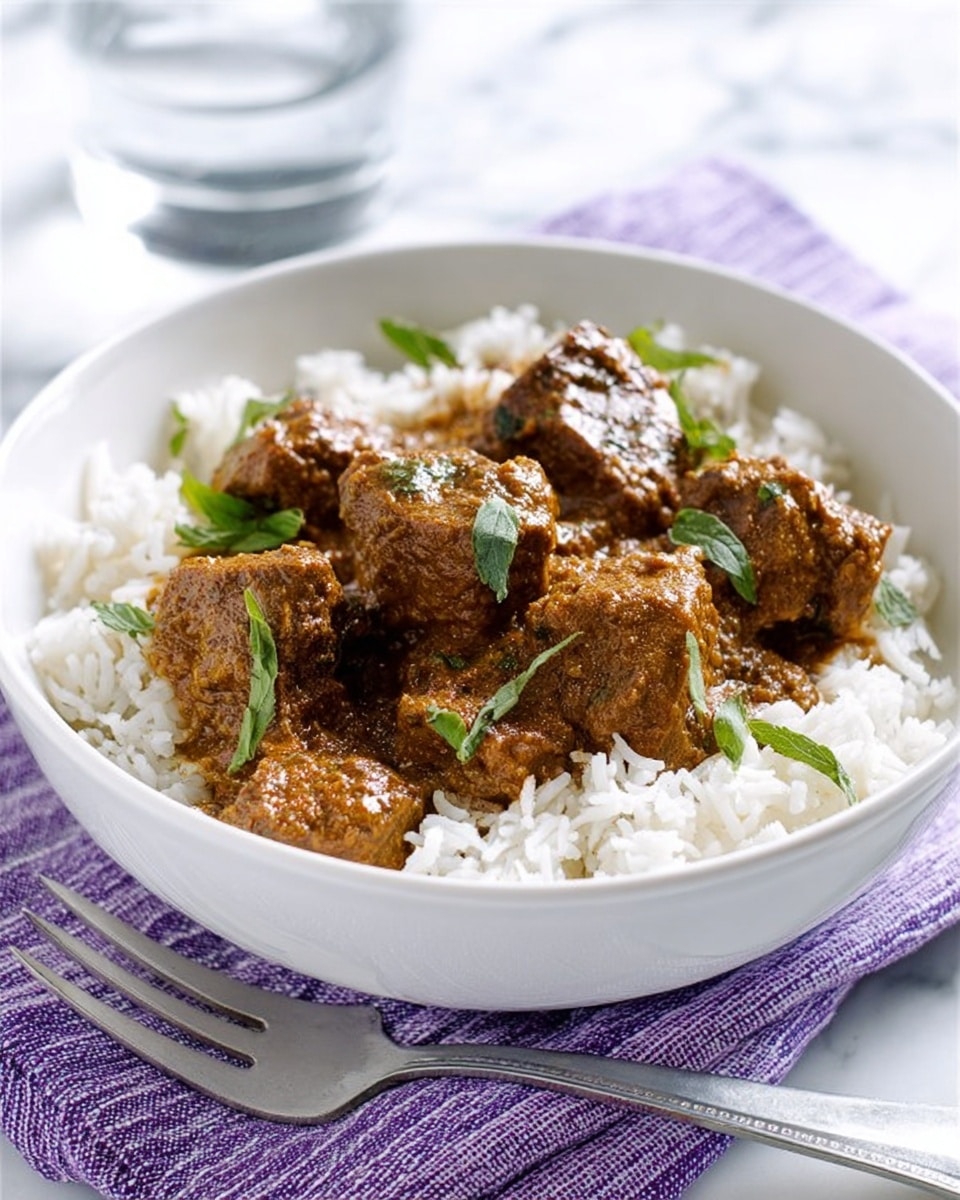 A white bowl filled with a base layer of fluffy white rice, topped with several chunks of brown curry-coated meat that have a thick, textured sauce covering them. Small green herb leaves are scattered over the meat, adding a touch of color. The bowl sits on a white marbled surface with a purple and white striped cloth beneath it. A shiny silver fork rests on the cloth near the bowl, and a clear glass of water is slightly visible in the background. Photo taken with an iphone --ar 4:5 --v 7