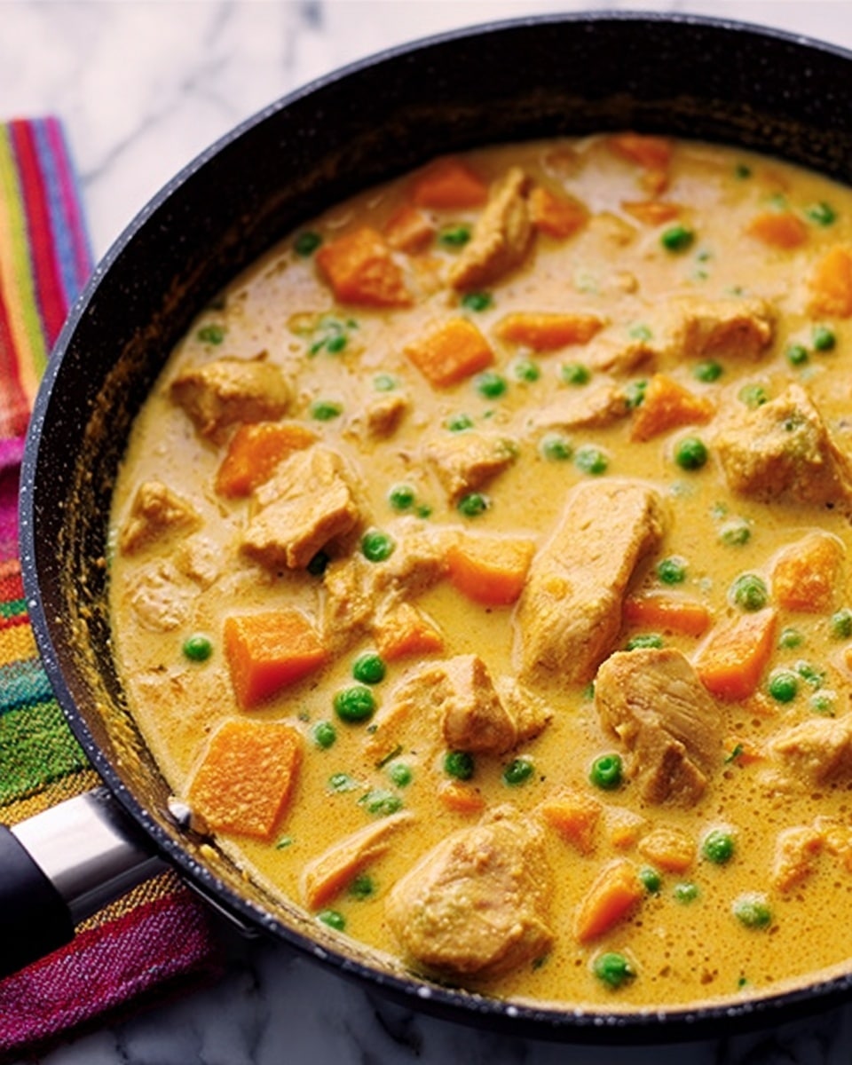 The image shows a close-up of a black frying pan filled with a creamy yellow curry. The curry has pieces of orange sweet potato and small green peas scattered throughout. The sauce looks smooth and rich, covering the vegetables evenly. The pan sits on a white marbled surface with parts of a colorful striped cloth visible around the edges. photo taken with an iphone --ar 4:5 --v 7