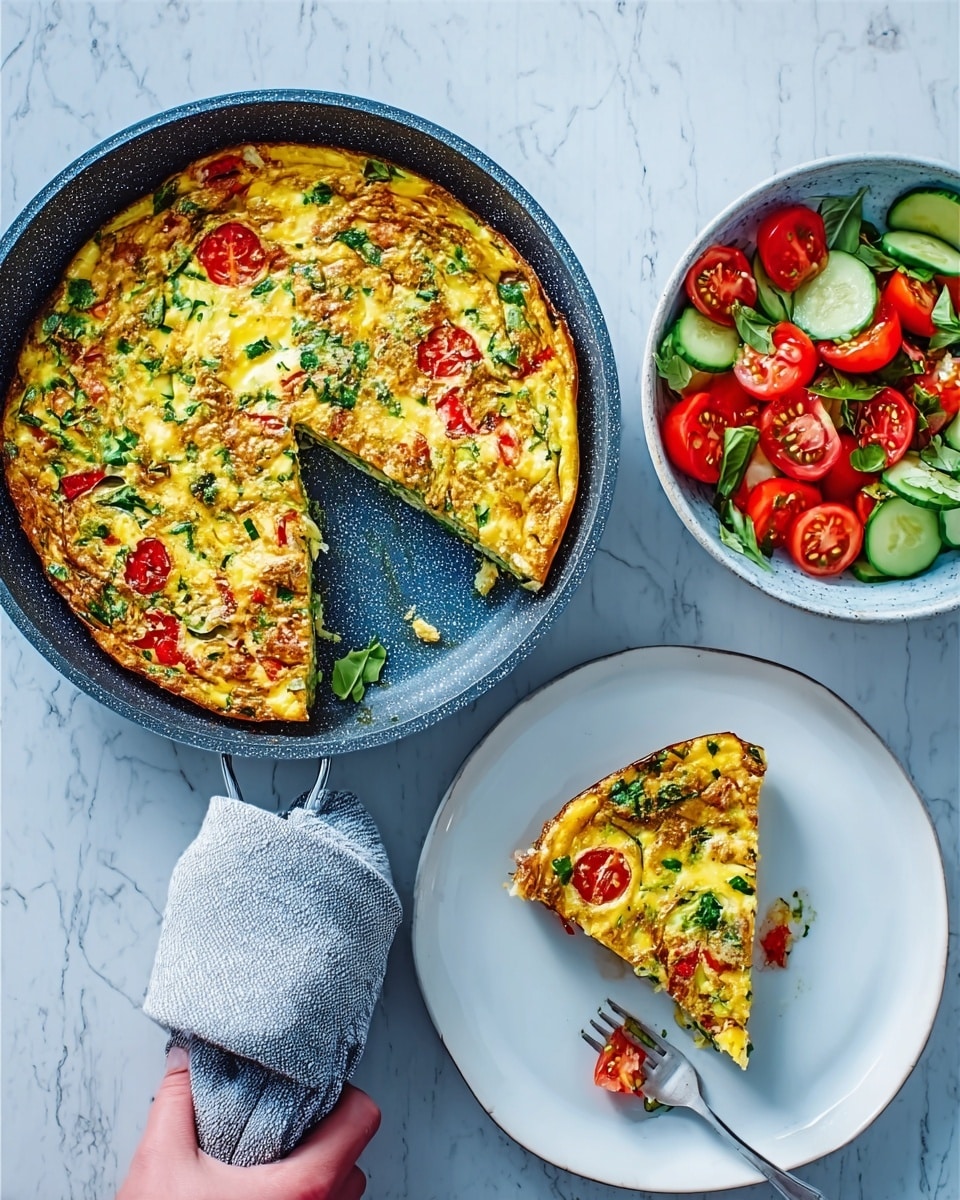 A cooked frittata with visible layers of yellow eggs mixed with green herbs and red cherry tomato slices, placed in a dark pan with one large slice missing. The slice, showing a smooth, firm texture with clearly visible tomato and herb pieces, is served on a white plate resting on another white plate. Next to the pan, there is a white bowl filled with a fresh salad made of halved cherry tomatoes, cucumber pieces, and green basil leaves. A woman's hand, wearing a grey cloth around the wrist, is holding the pan handle on a white marbled surface. Photo taken with an iphone --ar 4:5 --v 7