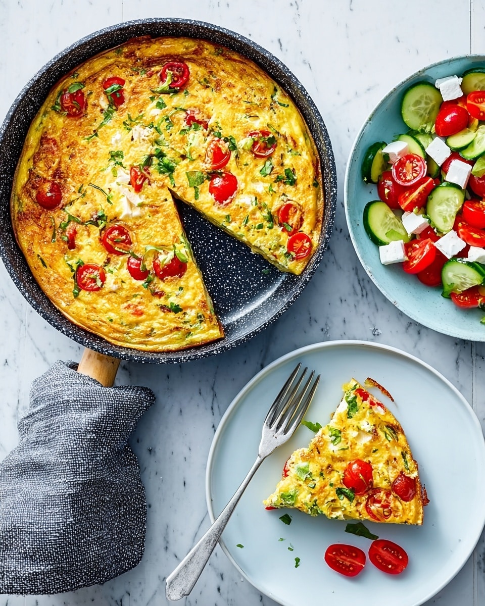 The image shows a round omelet cooked in a black skillet with one slice cut out, revealing a colorful mix inside with visible red cherry tomatoes, green herbs, and light golden egg. The omelet's texture looks soft and slightly fluffy with uneven edges. Next to the skillet, a white plate holds one slice of the omelet, showing the clear layers of egg and mixed vegetables inside. A silver fork rests on the plate, pointing toward the omelet slice. Nearby, a white bowl contains a fresh salad with halved cherry tomatoes, cucumber pieces, and white cheese cubes, with a shiny green leafy base. The background and surface are white marbled texture, and a woman's hand with a gray cloth is holding the skillet handle. Photo taken with an iphone --ar 4:5 --v 7