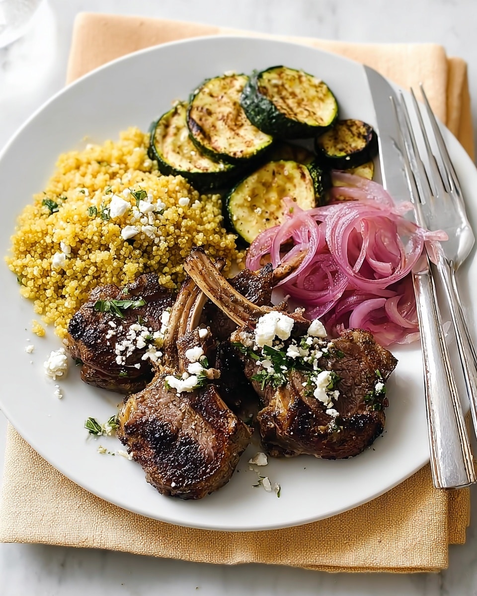 A white plate on a white marbled surface holds four parts: at the bottom center are three grilled lamb chops with a brown crust and hints of seasoning, topped with small bits of white cheese; to the left is a scoop of yellow, crumbly quinoa mixed with green herbs; above the lamb chops are several golden-browned slices of grilled zucchini arranged in a small pile; and on the right side is a small mound of thinly sliced red onions soaked in a pinkish liquid. A fork and a knife are placed to the right side of the plate, and a folded cream cloth napkin lies to the left on the white marbled surface. photo taken with an iphone --ar 4:5 --v 7
