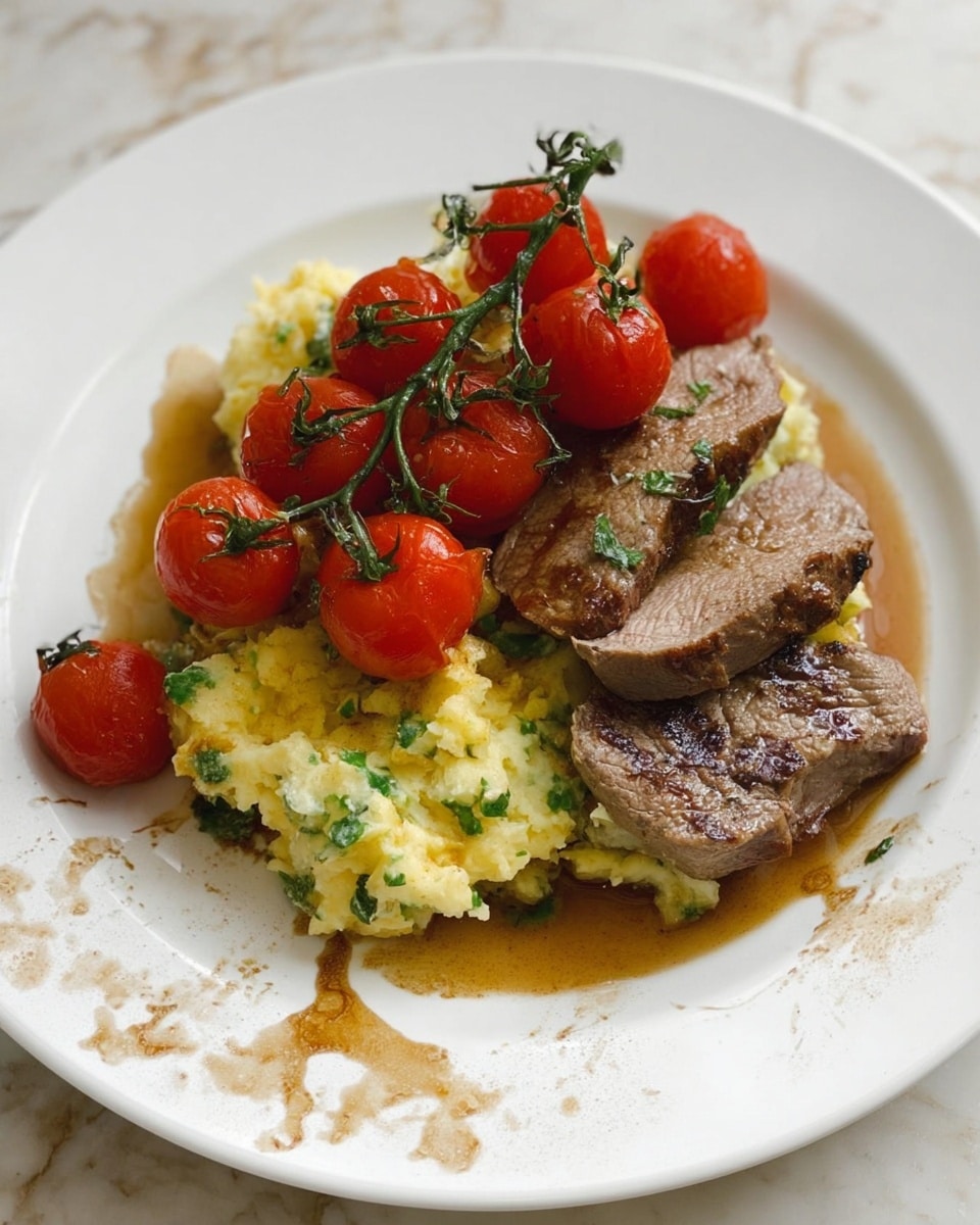 A white plate with three main layers: the bottom layer is creamy mashed potatoes mixed with small pieces of green herbs, giving it a light yellow and green speckled texture; the middle layer has three pieces of cooked meat with a brown, slightly shiny surface showing grill marks, resting on the potatoes; the top layer features bright red cherry tomatoes still on the green vine, some placed on the meat and some beside it, adding a fresh, glossy look. The plate sits on a white marbled surface with some brown sauce spots near the meat. photo taken with an iphone --ar 4:5 --v 7