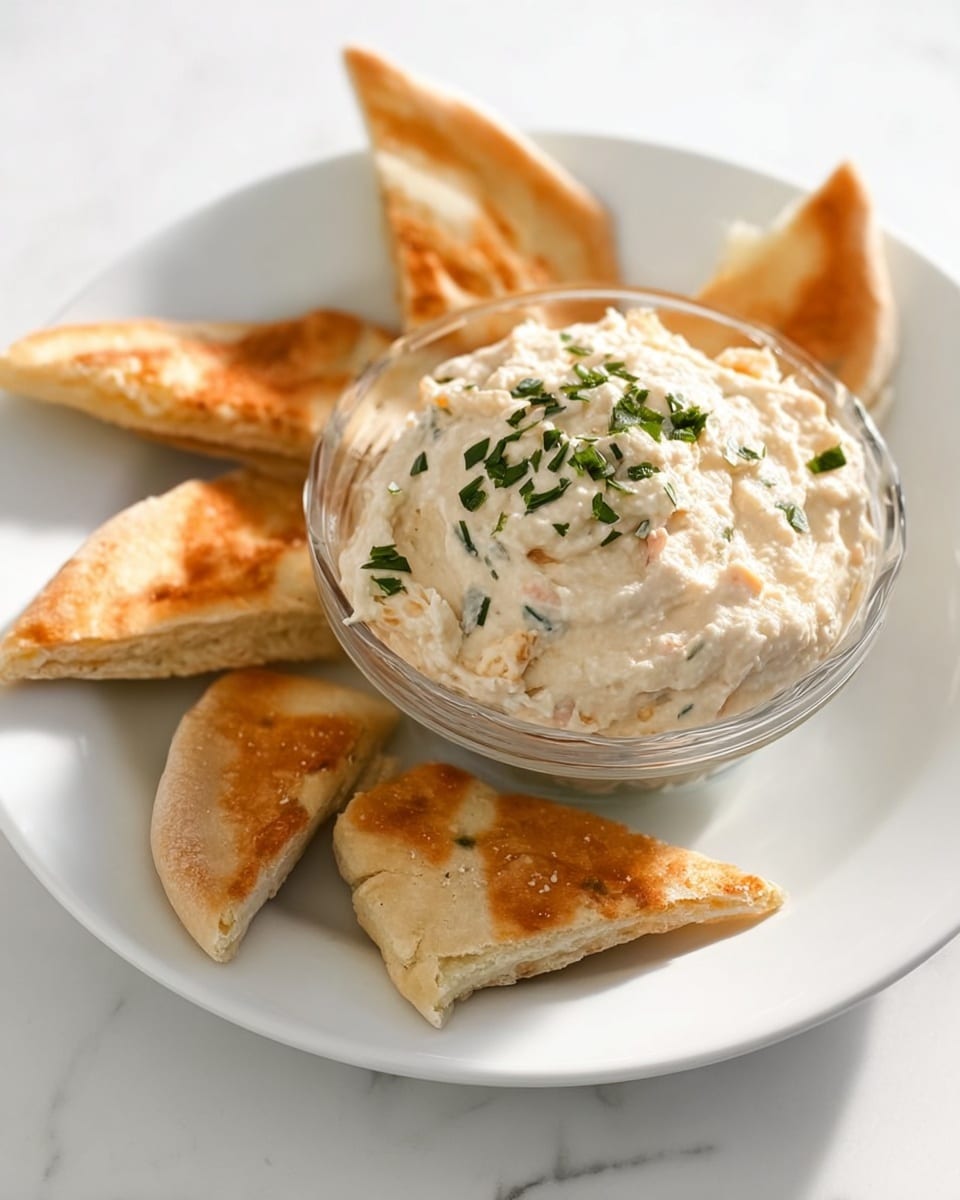 A white plate on a white marbled surface holds a small clear glass bowl filled with a thick, creamy dip that is light beige in color with small bits inside, topped with green chopped herbs. Surrounding the bowl, there are six pieces of light golden toasted pita bread, each with a slightly crisp texture and folded shape. The whole dish looks clean and simple, with soft natural light falling from the side. photo taken with an iphone --ar 4:5 --v 7