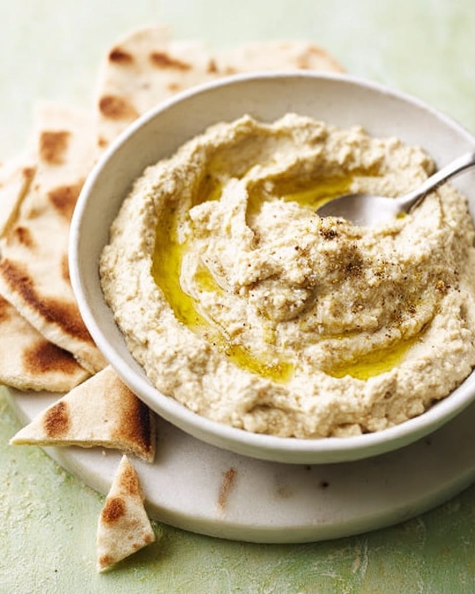 A close-up photo of a white bowl filled with creamy, slightly chunky beige hummus topped with a drizzle of golden olive oil. A spoon is inserted into the hummus, ready to scoop. Around the bowl, pieces of pale, soft pita bread are casually placed, showing a few brown toasted spots. The bowl sits on a white marbled surface with a soft green background. photo taken with an iphone --ar 4:5 --v 7