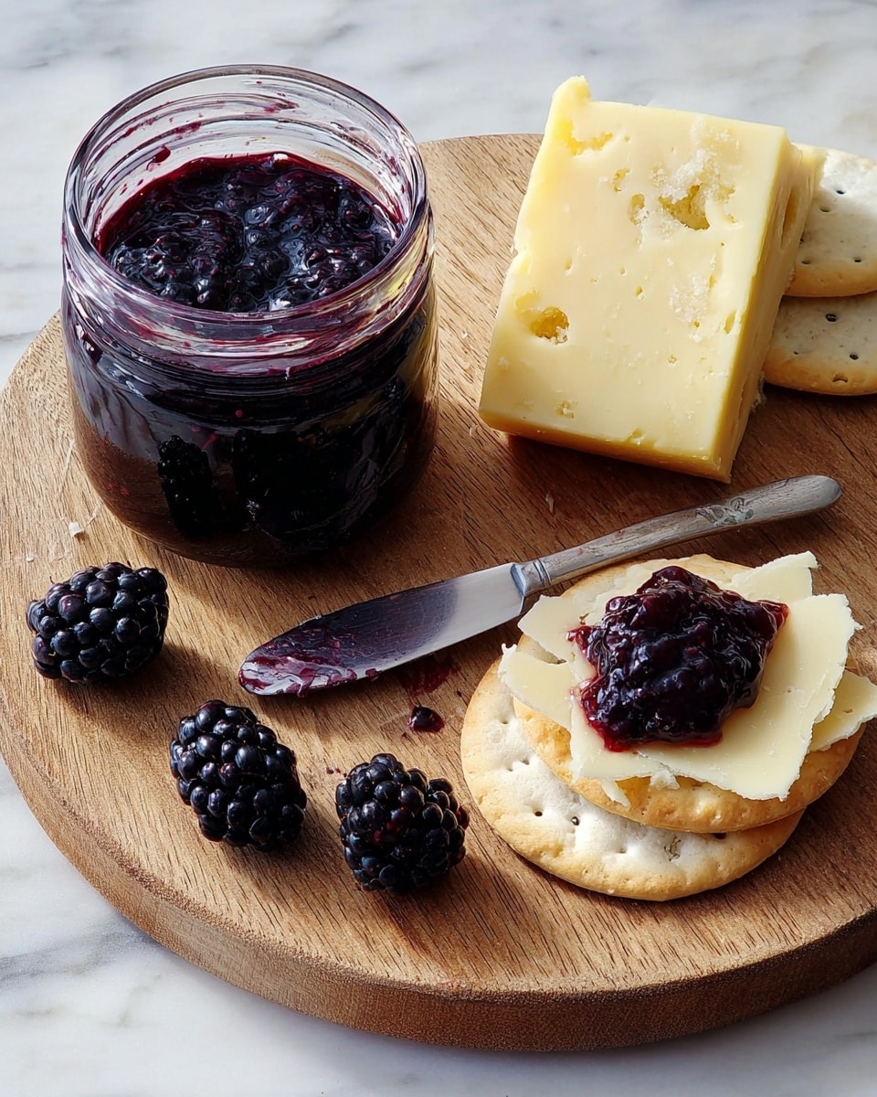 A clear jar filled with dark purple, thick blackberry jam sits on a round wooden board. Near the jar, there is a metal knife with jam on its blade. Five glossy blackberries are scattered on the board. A light yellow block of firm cheese with a slightly rough texture and small holes is placed at the top right. Below it, a light beige round cracker holds thin, uneven pieces of the cheese, topped with a small mound of the jam. Two more plain round crackers lay stacked to the side. The whole scene rests on a white marbled surface. photo taken with an iphone --ar 4:5 --v 7