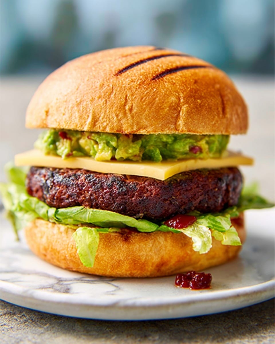 A close-up image of a burger on a white plate placed on a white marbled surface. The burger has five visible layers: the top layer is a light golden brown bun with grill marks, followed by a thin layer of green guacamole mixed with small bits of red, then a slice of pale yellow cheese. Below the cheese is a thick, dark brown grilled patty with a slightly rough texture, sitting on a fresh, crisp green lettuce leaf. The bottom bun is golden brown with some darker grill marks, and there are small bits of red sauce or jam spread near the edges. The photo taken with an iphone --ar 4:5 --v 7