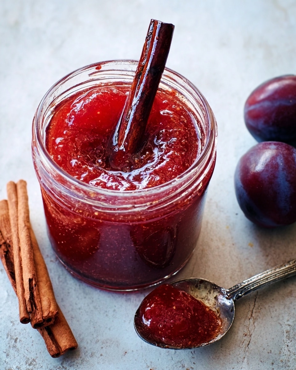 A top view of a glass jar filled with bright red jam with chunks of fruit, and a dark brown cinnamon stick standing upright in the center. The jar is placed on a round dark coaster set on a white marbled texture. To the right is a spoon with some jam on it, resting directly on the white marbled texture. On the left side, there is a deep purple plum and a cinnamon stick lying on the surface. Photo taken with an iphone --ar 4:5 --v 7