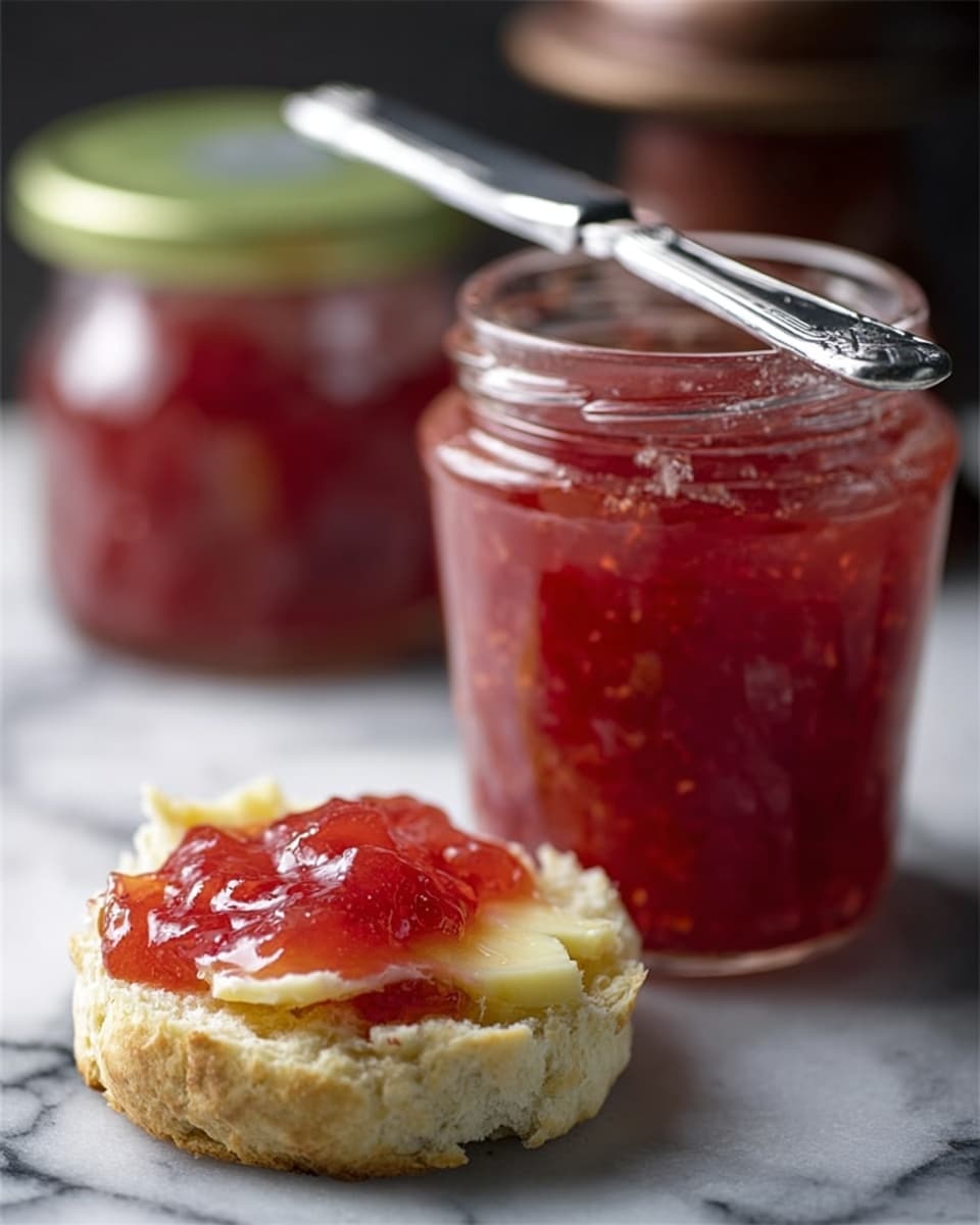 The image shows a clear glass jar filled with red jam with a silver butter knife resting on top. In front of the jar is a biscuit that is split open, revealing a thick layer of creamy yellow butter and a generous spread of the same red jam. In the background, blurred, is another jar of the red jam with a green lid. All items are placed on a white marbled surface. photo taken with an iphone --ar 4:5 --v 7
