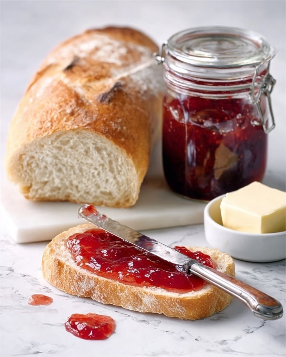 The image shows a white plate with a large loaf of bread, golden-brown with a soft texture inside, placed on a white marbled surface. In front of the loaf, there is a slice of bread spread with shiny red jam, featuring small fruit chunks on top. To the side, there is a clear glass jar filled with bright red jam, the lid open and resting next to it. A butter dish with a white block of butter sits behind the bread. A knife with a yellow handle, coated with some jam, lies in the foreground with some jam spreading on the surface near the blade. Photo taken with an iphone --ar 4:5 --v 7