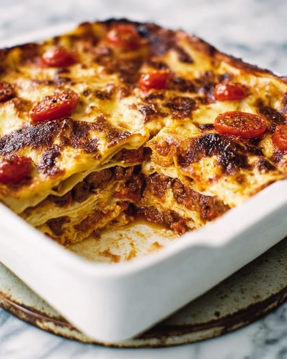 A white rectangular dish holds a baked lasagna with multiple layers visible on one side where a portion is missing. The top layer is golden brown melted cheese with some darker browned spots and a few slices of red cherry tomatoes scattered across. Below this, layers of light yellow pasta sheets alternate with a rich red meat sauce mixed with small bits of meat and tomato, as well as some melted cheese in between. The dish sits on a rustic round trivet with a worn metal look, all placed on a white marbled surface. photo taken with an iphone --ar 4:5 --v 7