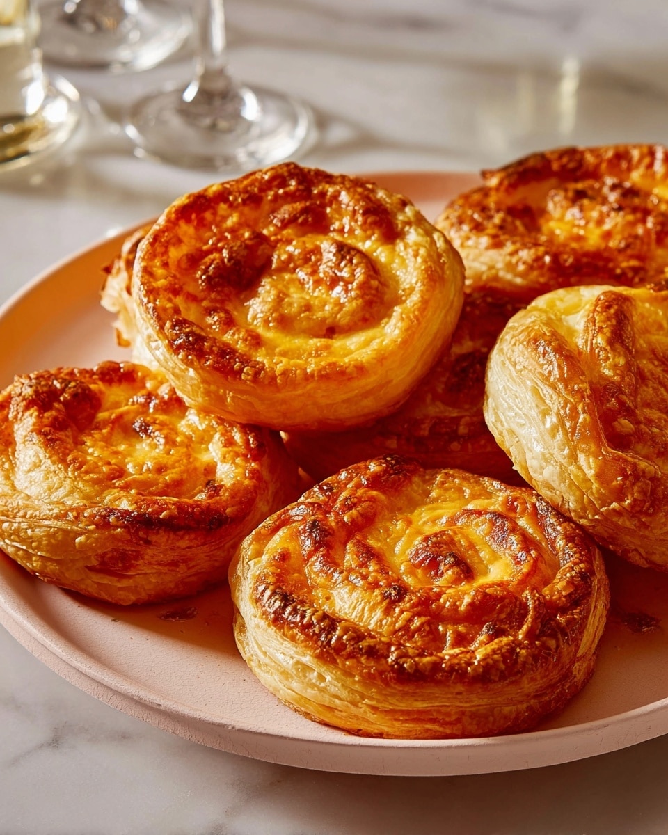 The image shows a round golden-brown puff pastry dish with six rolls arranged closely on a round white plate. Each roll has a crispy, flaky outer layer with a slightly raised, layered texture, encasing a bright orange, slightly uneven inner filling that appears baked with small browned spots on top. The filling looks creamy and smooth with a soft surface, and the plate sits on a white marbled textured surface, with wine glasses faintly visible in the background. photo taken with an iphone --ar 4:5 --v 7