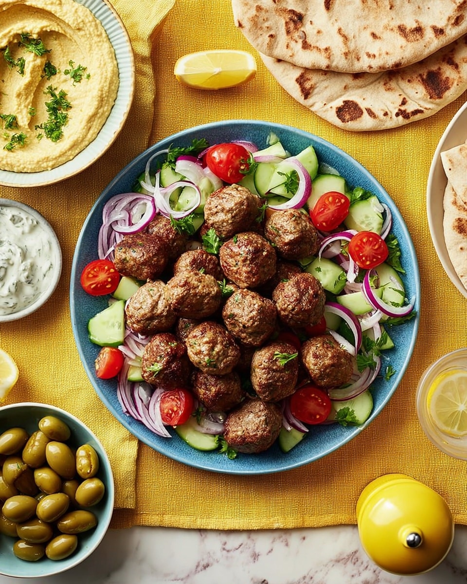 A blue plate filled with a pile of brown meatballs on top of a colorful salad made of red onion slices, bright red cherry tomato halves, and green cucumber chunks, all arranged unevenly across the plate; surrounding the plate on a yellow cloth are a white bowl of yellow hummus garnished with green parsley, a white bowl of creamy white tzatziki with green bits, folded beige pita bread pieces, a white bowl filled with green olives, a round flat beige pita bread, a glass of clear water with a lemon slice floating inside, and a yellow pepper grinder. The setup is on a white marbled surface. Photo taken with an iphone --ar 4:5 --v 7