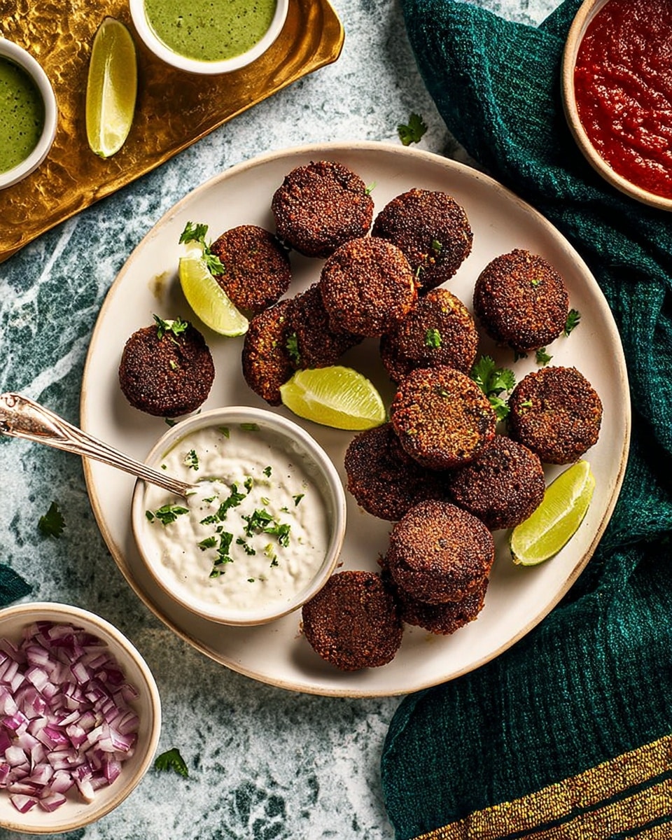 A white round plate holds about 18 small, round, dark brown falafel patties with a slightly rough texture, arranged in a scattered pile. On the plate, there are three lime wedges placed near the falafels. A smaller white bowl with a silver spoon rests on the plate, filled with white creamy sauce garnished with green herbs. Around the main plate, a white bowl with finely chopped red onion and herbs, and a golden tray with two white bowls containing green sauce and red sauce are visible. A dark green cloth with gold stripes is draped next to the tray. The whole setup is on a white marbled textured surface. Photo taken with an iphone --ar 4:5 --v 7