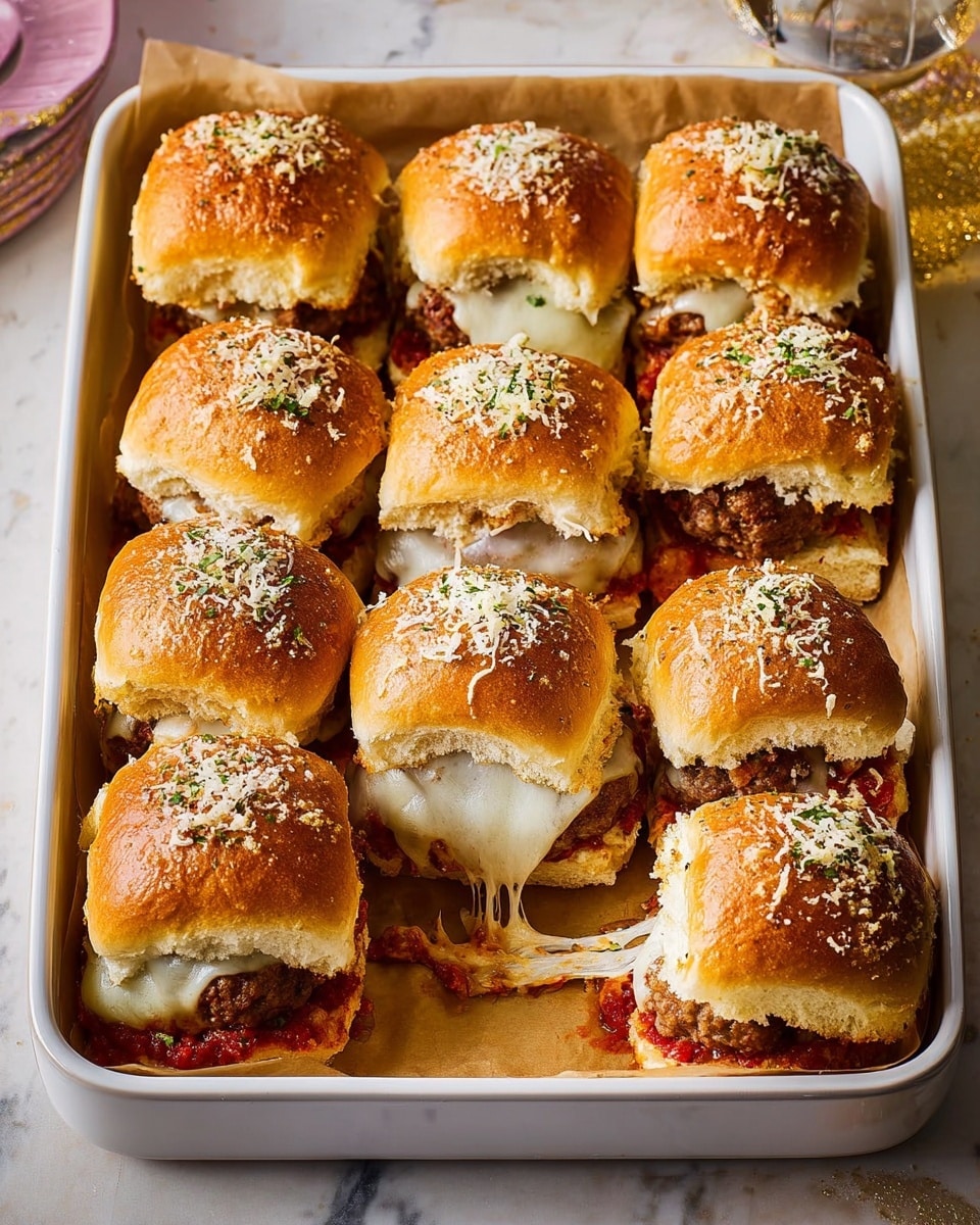 The image shows a white rectangular baking dish filled with nine freshly baked mini sandwiches in three rows. Each sandwich has a golden-brown top bun sprinkled with grated cheese and herbs. Inside, the sandwiches have a visible layer of melted white cheese stretching out, a juicy browned meatball, and a layer of red tomato sauce beneath the meatballs. The buns look soft with a slight crust on top. The background features a white marbled texture, and the sandwiches rest on brown parchment paper inside the dish. photo taken with an iphone --ar 4:5 --v 7