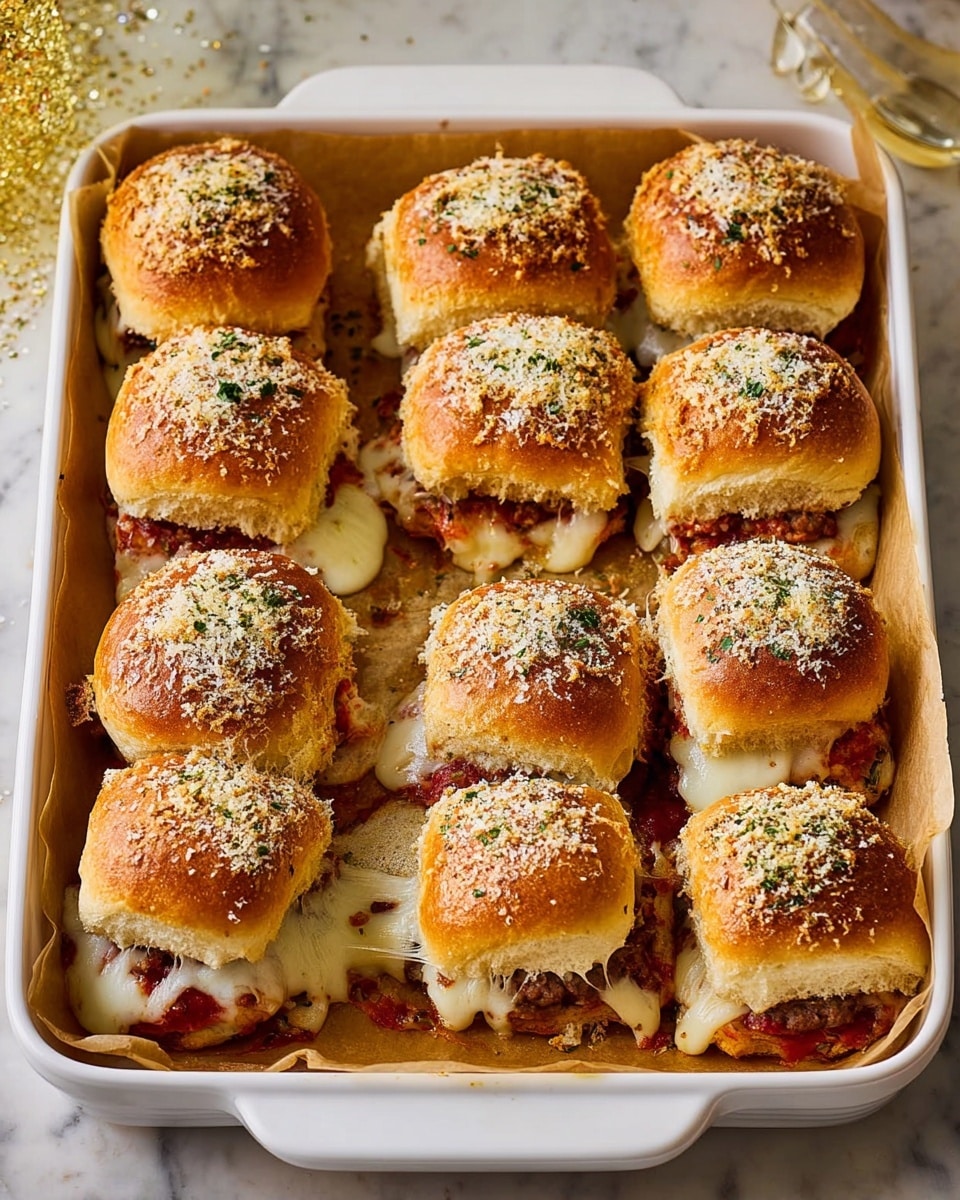 The image shows a white rectangular baking dish filled with 12 small slider sandwiches arranged in three rows of four. Each slider has a golden-brown baked bun top sprinkled with grated cheese and herbs. Inside the sliders, there is melted, stretchy white cheese and a round meat patty with some red sauce visible, resembling a mini pizza-style sandwich. The dish is lined with brown baking paper, and the dish is placed on a white marbled surface. Photo taken with an iphone --ar 4:5 --v 7