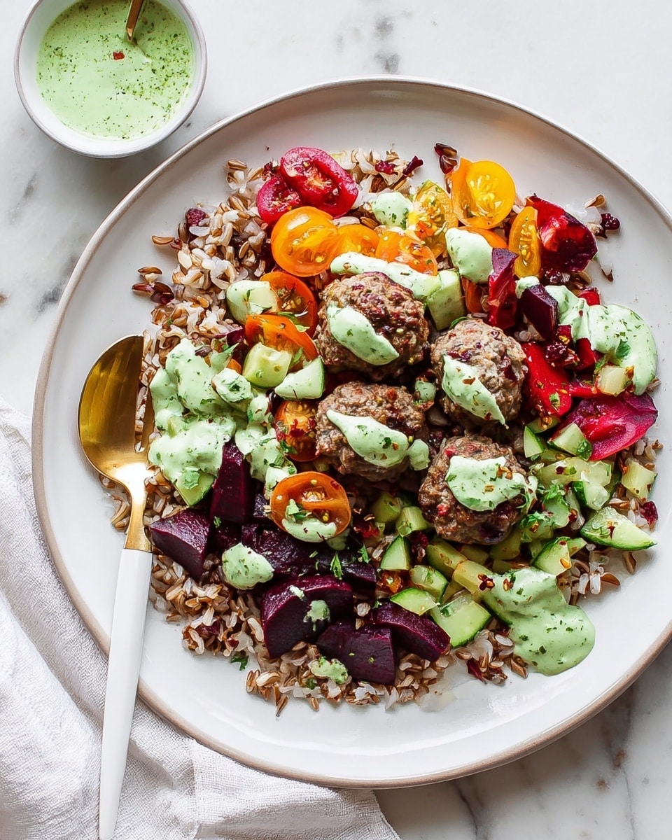 A white plate with a colorful salad made of three main layers: the bottom layer is a mix of brown rice and wild grains scattered evenly across; the middle layer includes diced dark purple beets, chopped light green cucumbers, and halved red and orange cherry tomatoes; on top, there are three brown meatballs, each drizzled with a light green creamy herb sauce, which also drips onto the other salad components; to the left side of the plate, a gold spoon with a white handle holds some extra green sauce; all placed on a white marbled surface with a hint of a white cloth nearby. photo taken with an iphone --ar 4:5 --v 7