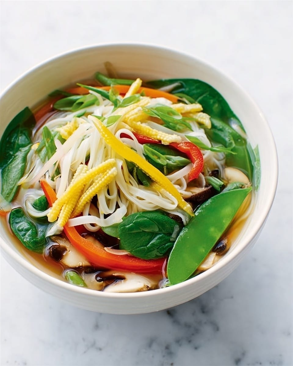 A white bowl filled with a colorful vegetable noodle soup sits on a white marbled surface. The soup has several layers: at the bottom, there are soft, pale noodles, then bright yellow baby corn and thin orange carrot strips, layered with fresh green spinach leaves and snap peas. White bean sprouts peek through the clear broth, adding texture, while thinly sliced mushrooms and red bell pepper strips are scattered on top. The soup looks light and fresh with a mix of smooth and crunchy textures. Photo taken with an iphone --ar 4:5 --v 7