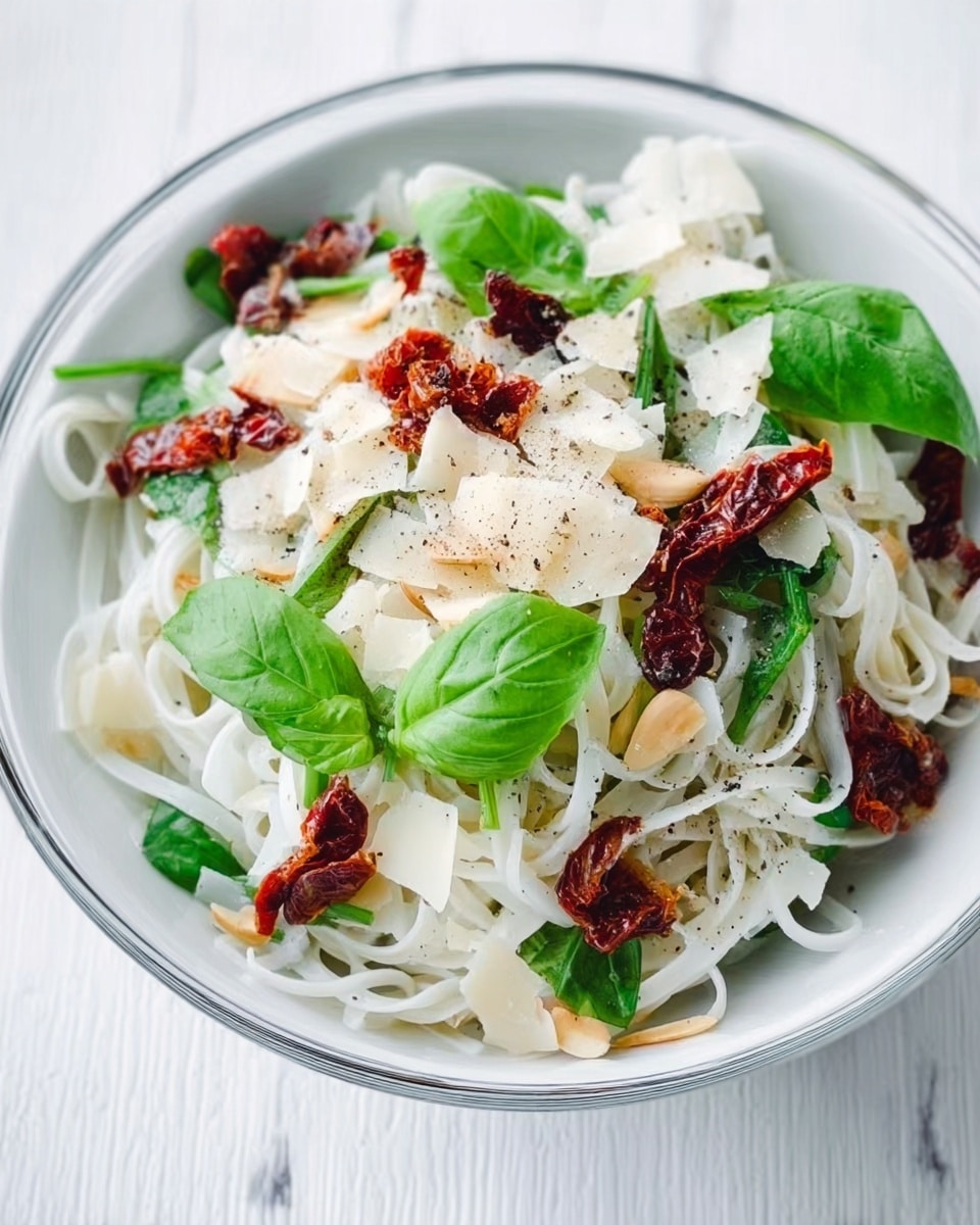 The image shows a clear white bowl filled with a fresh salad made of several layers. The base layer is thin white noodles that have a smooth and slightly shiny texture. On top of the noodles, there are bright green basil leaves scattered around, adding a fresh and leafy look. Mixed with the basil, there are dark red, slightly wrinkled sun-dried tomato pieces that bring a rich color contrast. Thin, pale beige slivers of almond nuts are spread evenly across the salad, adding texture. The topmost layer is made of thin, white cheese flakes that look soft and slightly curled. A few fresh green basil leaves and a light sprinkling of coarse black pepper crystals complete the dish on a white marbled surface. photo taken with an iphone --ar 4:5 --v 7