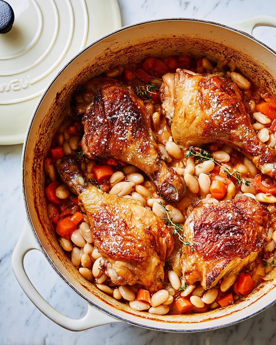 A white enameled cast iron pot filled with three large golden-brown roasted chicken legs placed on top, their crispy skin glistening with a light coating of salt. Below the chicken, there is a thick layer of cooked white beans and sliced orange carrots mixed together, showing soft textures with some herbs like sprigs of thyme scattered throughout. The pot's slightly open lid rests against one side, and the whole dish sits on a smooth white marbled surface. photo taken with an iphone --ar 4:5 --v 7