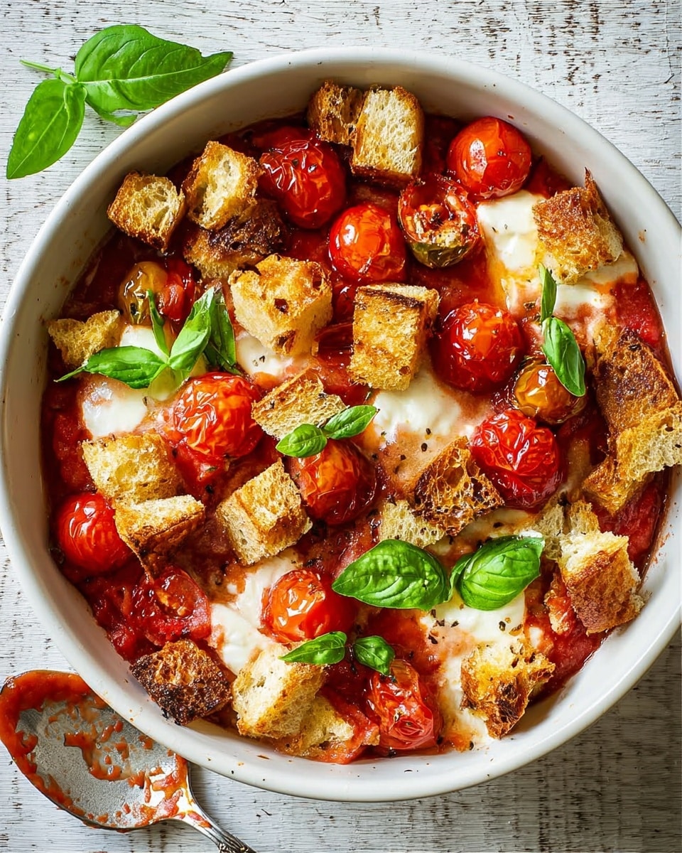 A round white bowl holds a layered dish starting with a rich red tomato sauce at the bottom, topped with whole bright red cherry tomatoes, and melty white cheese pieces scattered unevenly across the top. On top of the cheese and tomatoes, there are golden-brown toasted bread cubes with a crunchy texture and fresh, vibrant green basil leaves placed around for garnish. The bowl is set on a white marbled surface next to a silver spoon with some tomato sauce on it. photo taken with an iphone --ar 4:5 --v 7