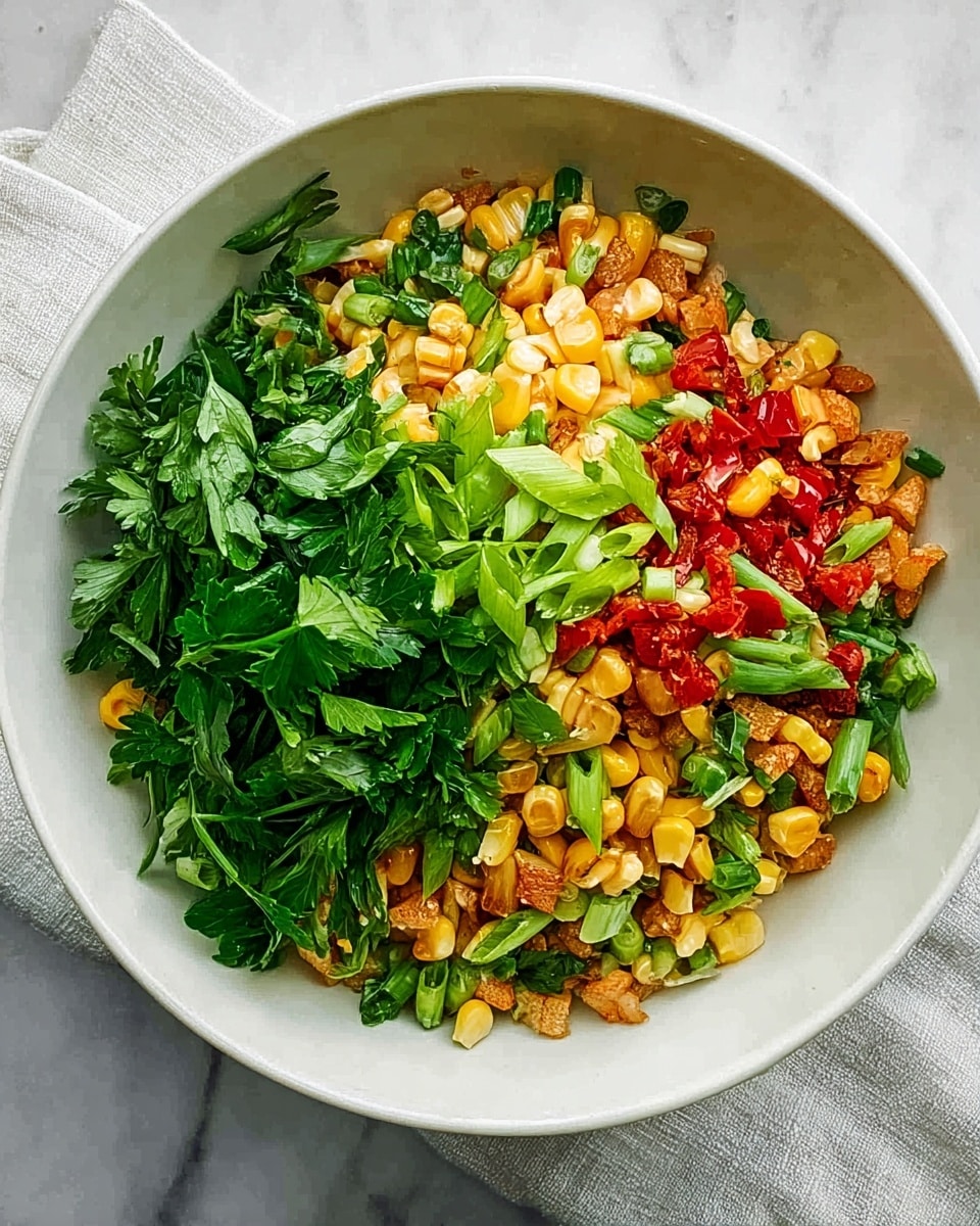 A white bowl filled with a colorful salad made of several layers: the base layer has small, golden brown pieces that look crunchy, mixed with small bright yellow corn kernels; above that are chopped red pieces and green scallion slices scattered evenly; the top layer is fresh green parsley leaves covering the whole salad, giving a fresh look. The bowl sits on a white marbled surface with a light cloth next to it. photo taken with an iphone --ar 4:5 --v 7
